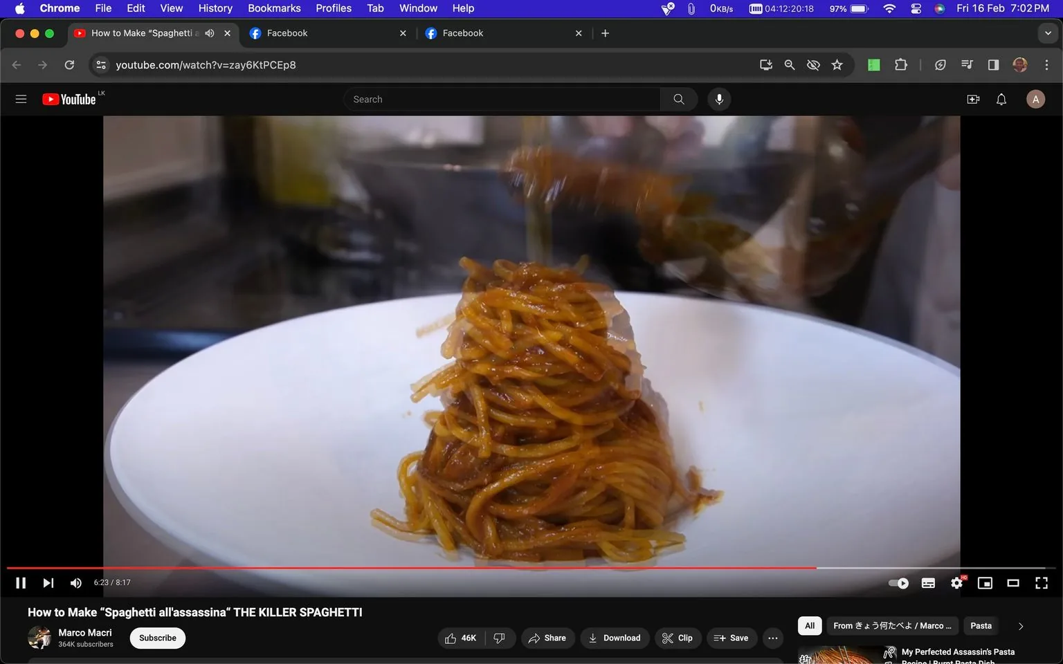 The screenshot displays a YouTube video titled "How to Make 'Spaghetti all'assassina' THE KILLER SPAGHETTI" by Marco Macri. The video is presented on the YouTube platform, visible with the distinct layout including a video player interface with a timeline showing a progress point at 6:23 out of a total of 8:17. In the foreground, there is a white plate with a tower of spaghetti, richly coated with a red sauce indicating a freshly cooked pasta dish. In the background, there's a blur of kitchen elements, suggesting active cooking.
The interface highlights typical YouTube features, such as the subscribe button under the channel name "Marco Macri," who has 364K subscribers. The video seems to emphasize the cooking process, potentially offering a step-by-step guide to making the dish. The visual focus on the plated spaghetti suggests a culmination of the cooking demonstration. The colors are warm and inviting, enhancing the appetizing appearance of the dish. The layout above the video includes browser navigation elements and open tabs, indicating a typical desktop view. The overall mood is practical and instructional, designed to engage viewers interested in culinary arts.
- Title: "How to Make \"Spaghetti all'assassina\" THE KILLER SPAGHETTI"
- Channel / profile: "Marco Macri"
- Site / app: "YouTube"