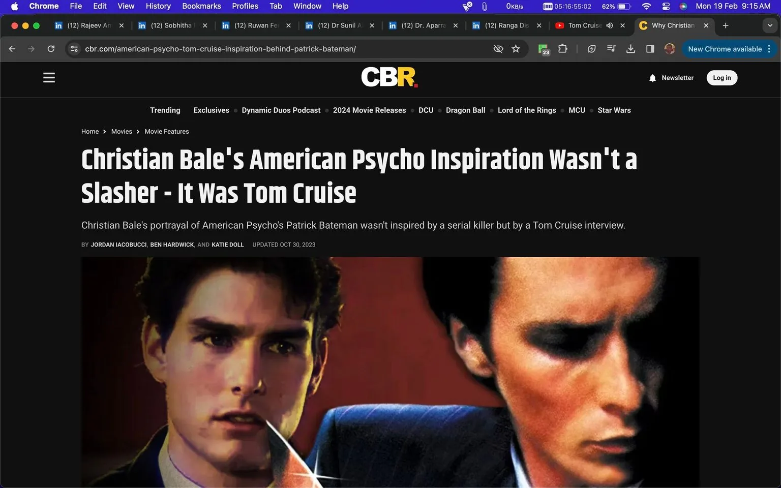 The screenshot features an article from the CBR website with the headline "Christian Bale's American Psycho Inspiration Wasn't a Slasher - It Was Tom Cruise." The article discusses how Christian Bale's portrayal of the character Patrick Bateman in "American Psycho" was inspired by an interview with Tom Cruise, rather than a serial killer. The page has a dark theme, with the CBR logo prominently displayed at the top. A composite image appears just below the headline, showing two faces merged: one is a young man with short hair, possibly Tom Cruise, while the other side shows another man in a serious expression, likely Christian Bale as Patrick Bateman. The article is credited to Jordan Iacobucci, Ben Hardwick, and Katie Doll, and it was updated on October 30, 2023. The website layout includes a navigation bar with links to various entertainment-related topics, and there are tabs open at the top of the browser showing other websites. The visual style is modern, with a focus on bold fonts and high-contrast colors to highlight key information.
- Title: "Christian Bale's American Psycho Inspiration Wasn't a Slasher - It Was Tom Cruise"
- Site / app: "CBR"