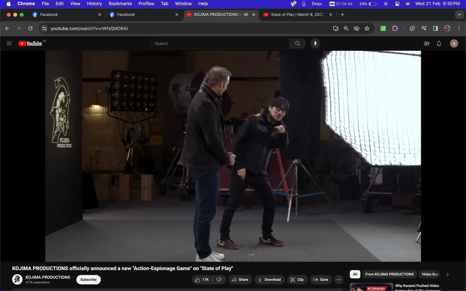 Hideo Kojima is featured in this screenshot from a video on YouTube, taken from the KOJIMA PRODUCTIONS channel. The setting appears to be a studio or behind-the-scenes location, with professional lighting equipment visible in the background. Hideo Kojima is interacting with another person; he is pointing and appears engaged in a lively discussion or demonstration. He is casually dressed in dark clothing, typical of a creative professional in a relaxed setting. The lighting is bright, particularly from a large diffuse source on the right, casting a soft glow over the scene. The KOJIMA PRODUCTIONS logo is prominently displayed on a wall to the left, adding a professional touch to the studio setting. The title of the video refers to the official announcement of a new "Action-Espionage Game" on "State of Play," indicating a focus on gaming and upcoming projects from Kojima's studio.
- Title: "KOJIMA PRODUCTIONS officially announced a new 'Action-Espionage Game' on 'State of Play'"
- Channel / profile: "KOJIMA PRODUCTIONS"
- Site / app: "YouTube"