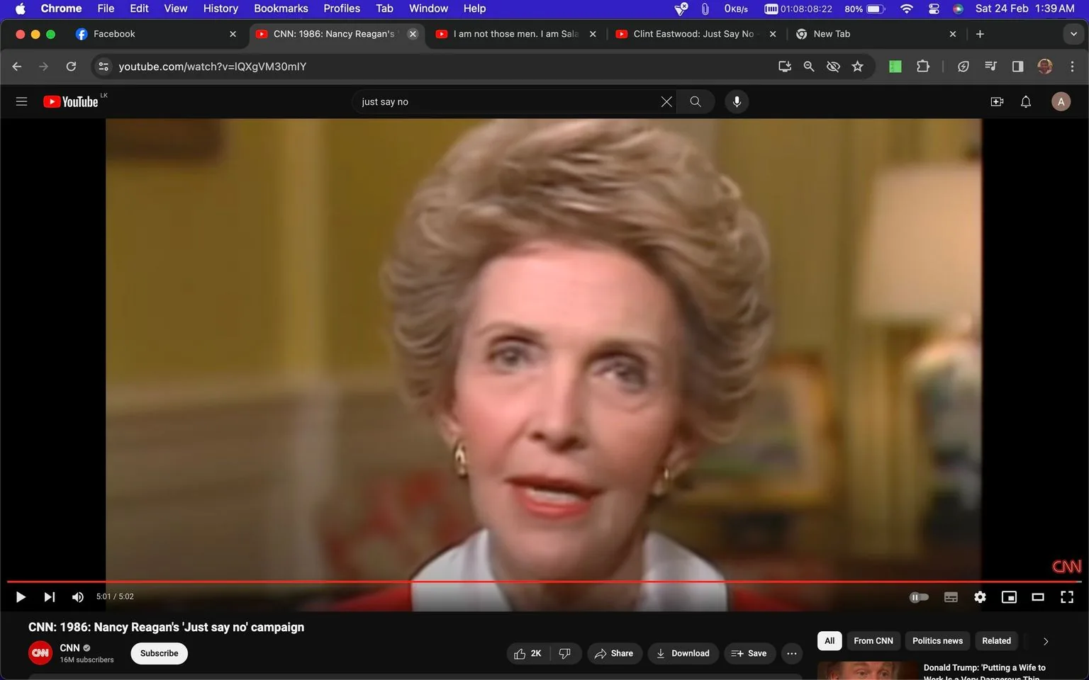 1) Rich description: This image depicts a YouTube video frame featuring Nancy Reagan during her 1986 "Just Say No" campaign. The video is from CNN, as indicated by the title bar at the bottom of the screen. Nancy Reagan is in the foreground, delivering a serious and focused expression. She is wearing a red outfit with a white collar, and her hair is styled in a typical 1980s fashion. The background suggests an indoor setting, likely a formal room with neutral colors and traditional furnishings, adding to the serious tone of the campaign message. The lighting is bright and even, highlighting Nancy Reagan's features. The video controls are visible at the bottom, with play and volume buttons, as well as the title "CNN: 1986: Nancy Reagan's 'Just say no' campaign." The CNN logo is positioned in the lower right corner, signifying the network's production. This image captures a significant moment from a historical anti-drug initiative led by Nancy Reagan.
2) On-screen text block:
- Title: "CNN: 1986: Nancy Reagan's 'Just say no' campaign"
- Channel / profile: "CNN"
- Site / app: "YouTube"