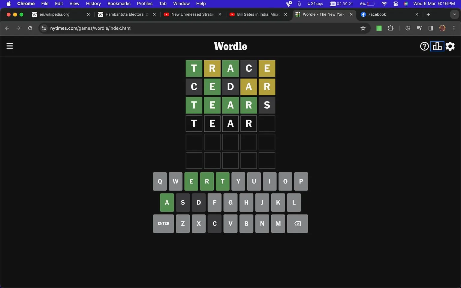 The image is a screenshot of the Wordle game interface from The New York Times website. The screen is in dark mode, with a black background that highlights the game board and virtual keyboard. At the top, the title "Wordle" is displayed in white. The board shows a grid where players have attempted to guess the correct five-letter word. The words “TRACE,” “CEDAR,” “TEARS,” and “TEAR” are visible, with varying colored tiles indicating correct and misplaced letters. Correct letters are shown in green, while letters in the wrong position are yellow.
The virtual keyboard below the grid displays letters in gray, green, and yellow, corresponding to the guesses made. The game interface is clean and minimalistic, focusing on the puzzle-solving aspect. The browser tabs at the top hint at a general browsing session, with multiple tabs open, including Wikipedia and Facebook. The setting is digital, emphasizing interaction and engagement with the Wordle puzzle, a popular word game challenging players to deduce a hidden word within limited attempts.