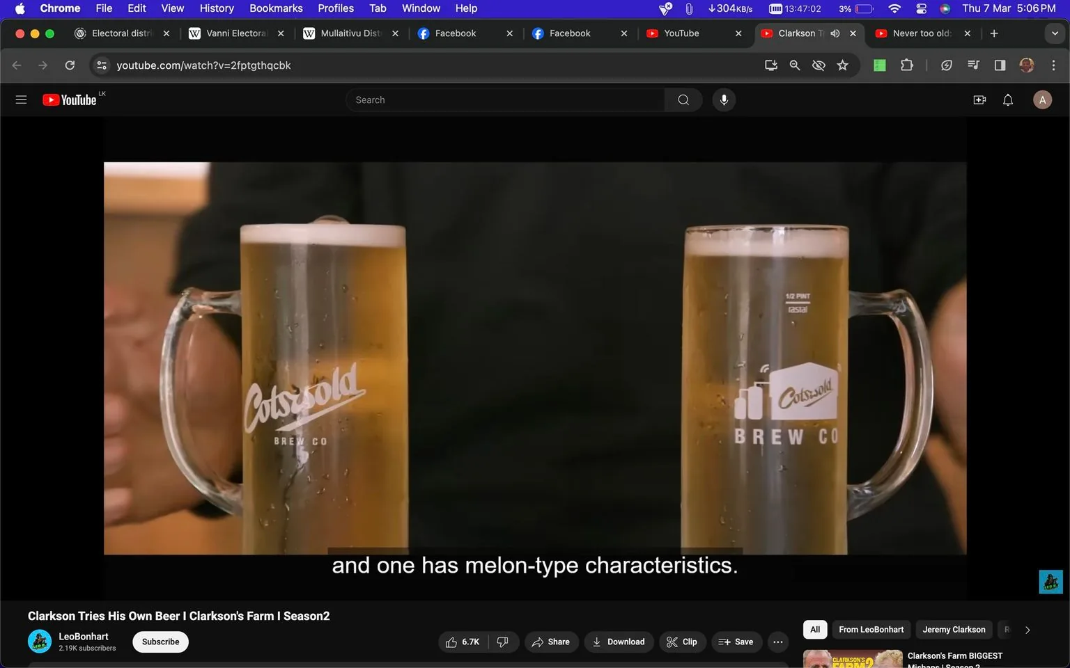 In this video frame from the YouTube channel "LeoBonhart," two glasses of beer are prominently featured. The glasses are branded with "Cotswold BREW CO," indicating a craft beer focus. The video, titled "Clarkson Tries His Own Beer | Clarkson's Farm | Season2," suggests that this scene involves Jeremy Clarkson tasting a beer he has brewed. The setting is indoors with a close-up focus on the beer, which appears golden with a foamy head, suggesting freshness. Subtitles at the bottom read, "and one has melon-type characteristics," hinting at a discussion about beer flavors. The background is blurred to emphasize the glasses, and the lighting is warm, enhancing the inviting and casual atmosphere. This scene likely takes place within a segment of Clarkson's Farm, where Clarkson explores various farming-related activities, including brewing.