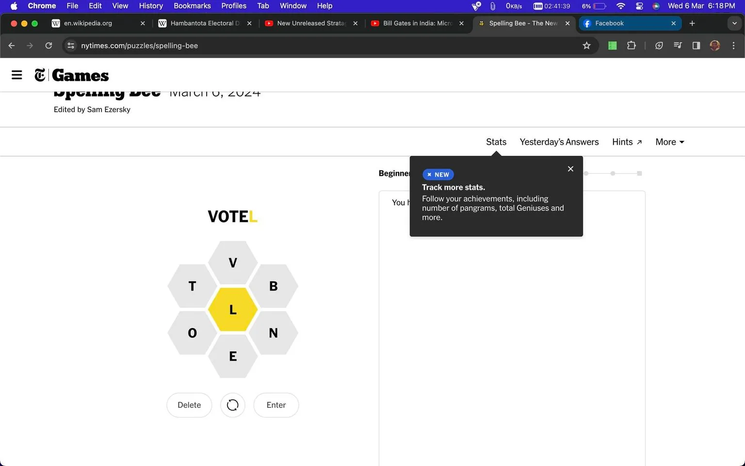 The screenshot displays the interface of the "Spelling Bee" game on the New York Times website, dated March 6, 2024, and edited by Sam Ezersky. The central feature is the hexagonal grid, which is used for forming words. The letters visible are T, V, B, L, O, N, and E, with "L" highlighted in yellow, indicating it as a central letter. Above the grid, the word "VOTEL" is partially formed, suggesting the interactive nature of the game where users create words from the given letters.
A pop-up notification on the right side announces a new feature allowing players to track their achievements, including the number of pangrams and total Geniuses. The design is clean and minimalistic, characteristic of the New York Times' online games, with a predominantly white background and black text. The website's logo and navigation bar are visible at the top, indicating the typical layout of the New York Times Games section. The overall mood is one of focus and concentration, aimed at engaging players in a word challenge.