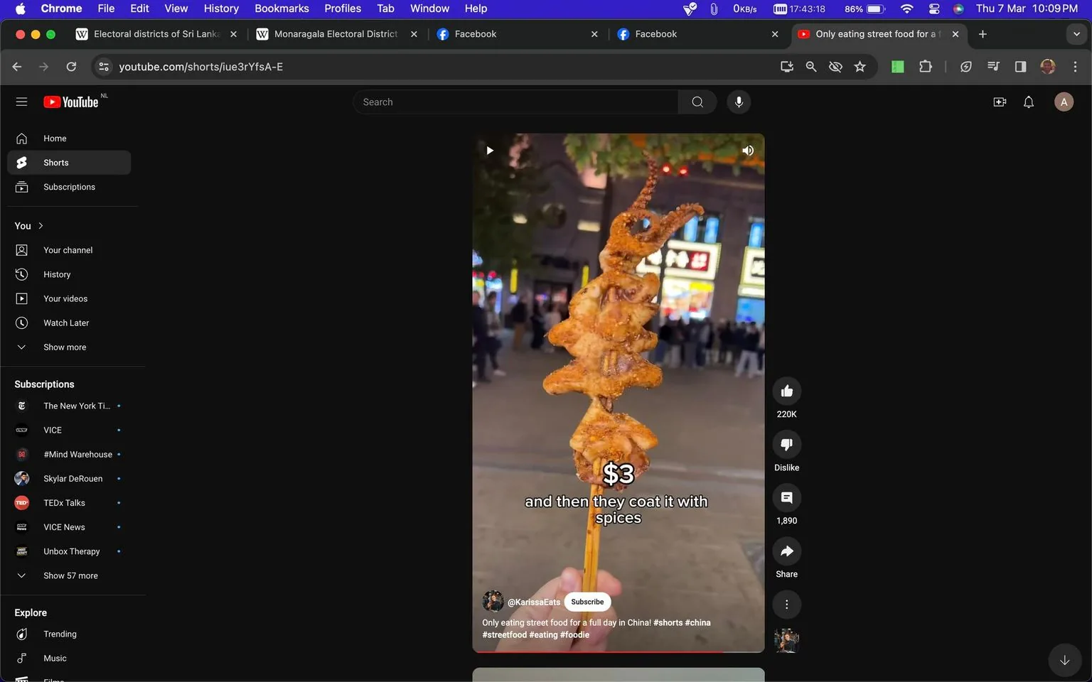 The image is a screenshot from a YouTube Short by the channel @KarissaEats. It shows a street food skewer featuring what appears to be grilled octopus, coated with spices. The setting is a bustling nighttime street scene with bright lights and a crowd in the background, suggesting a vibrant, lively environment. The octopus is skewered and displayed in the foreground, with the price indicated as "$3" in bold white text. The subtitle reads, "and then they coat it with spices," describing the preparation process. The video is tagged with topics such as #shorts, #china, #streetfood, #eating, and #foodie, indicating the content's focus on street food in China. The scene captures the essence of a typical street food experience, with the skewer prominently displayed against the backdrop of urban nightlife.
- Channel / profile: "@KarissaEats"
- Site / app: "YouTube"
- Captions / subtitles: "and then they coat it with spices"