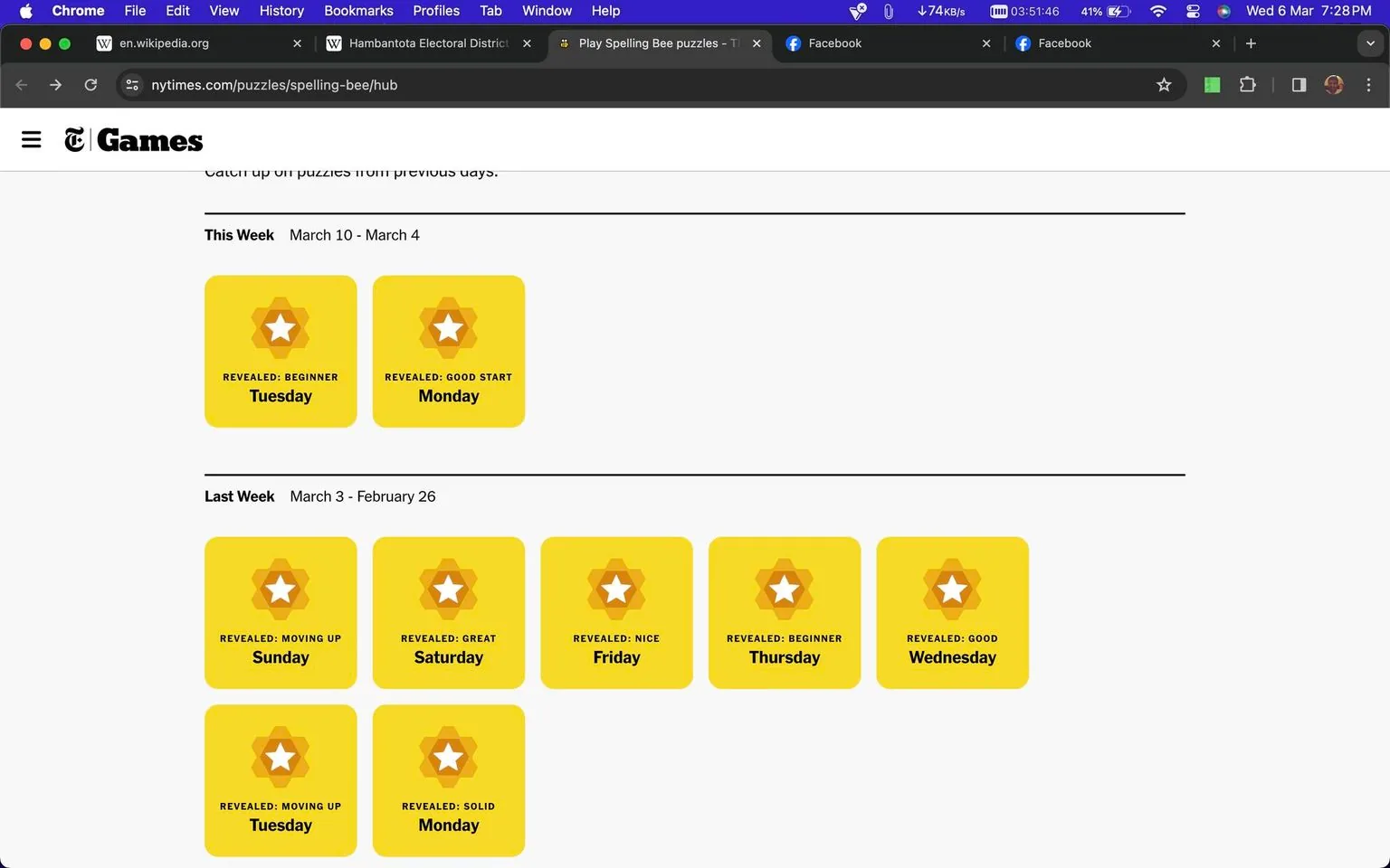 The screenshot shows a web page from The New York Times website, specifically the Spelling Bee puzzles section. The page is divided into two main sections labeled "This Week" and "Last Week," each displaying the progress or results of the Spelling Bee game for various days. The interface uses a consistent design featuring yellow hexagonal icons with a white star in the center, representing different achievement levels such as "Beginner," "Good Start," and "Moving Up."
The top section for "This Week" covers March 10 to March 4, displaying achievements for Monday ("Good Start") and Tuesday ("Beginner"). Below that, the "Last Week" section spans March 3 to February 26, with achievements noted for each day from Monday to Sunday, including levels like "Moving Up," "Great," and "Nice."
The screenshot also includes the browser's interface at the top, showing open tabs and a partial view of a search bar, reflecting a typical user experience on a desktop browser. The visual layout is clean and user-friendly, matching The New York Times' branding style.