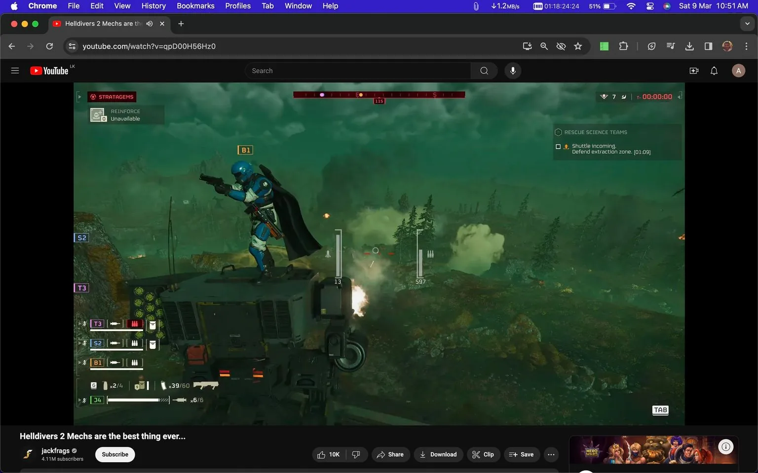 The screenshot shows a scene from a YouTube video titled "Helldivers 2 Mechs are the best thing ever..." from the channel "jackfrags." The image captures gameplay from the video game "Helldivers 2," featuring a character in blue armor standing atop a large mech-like vehicle. The character is holding a firearm and appears ready for action. The background is a green-hued, foggy landscape dotted with trees, suggesting a sci-fi or alien environment.
On-screen text indicates a mission objective: "RESCUE SCIENCE TEAMS" with a note about a shuttle incoming and a defense task with a countdown timer. Other interface elements show various stratagems and reinforcement options, though some are marked as unavailable. The interface is detailed with elements like ammo counts and various icons, contributing to the immersive feel of the game. The overall aesthetic is vibrant and dynamic, emphasizing the action-packed nature of the gameplay.
- Title: "Helldivers 2 Mechs are the best thing ever..."
- Channel / profile: "jackfrags"
- Site / app: "YouTube"