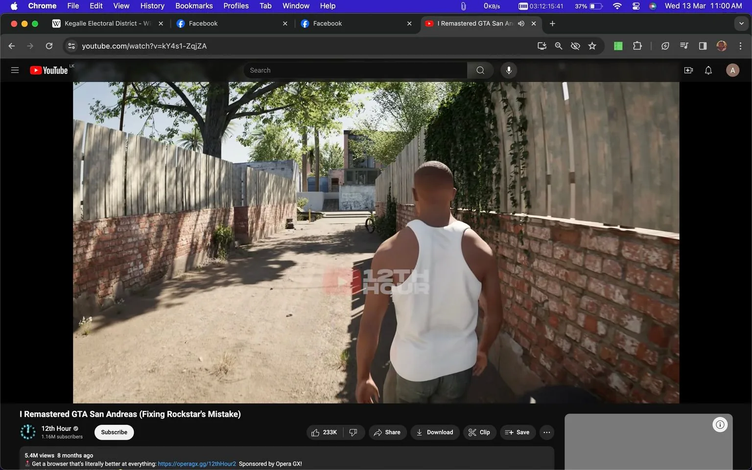 The image is a screenshot from a YouTube video titled "I Remastered GTA San Andreas (Fixing Rockstar's Mistake)," featured on the channel "12th Hour." The screenshot shows a video game character walking through a sunlit alley. The environment is detailed, with brick walls and wooden fences lining the pathway. Lush greenery is visible, suggesting a vibrant setting. The character, wearing a white tank top and dark pants, walks away from the camera, emphasizing the remastered graphics quality. The scene captures a residential area with a tree and a distant view of a modern house. The lighting accentuates the textures and realism of the remaster. Overlay text at the bottom includes "12TH HOUR," indicating the creator. This screenshot showcases the enhanced visual fidelity intended to improve the original "GTA San Andreas" game experience.
- Title: "I Remastered GTA San Andreas (Fixing Rockstar's Mistake)"
- Channel / profile: "12th Hour"
- Site / app: "YouTube"