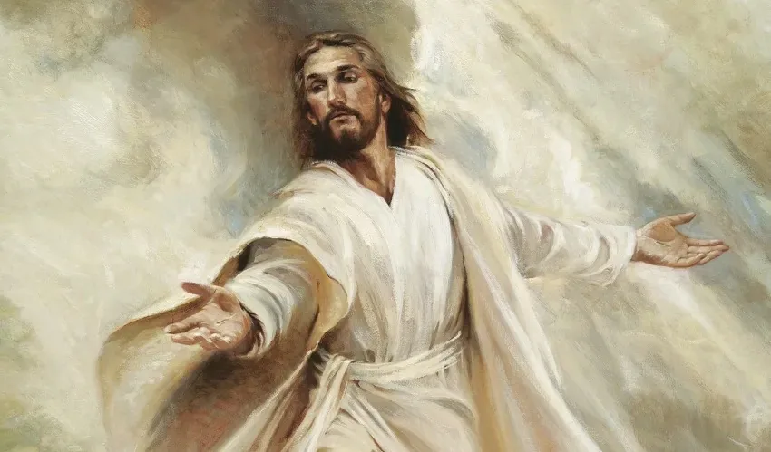 This illustration depicts a serene and inviting portrayal of Jesus Christ. The artwork captures Jesus with open arms, symbolizing welcome and acceptance. He is dressed in a flowing white robe, which is a common representation of purity and holiness. The background is a soft blend of light and clouds, creating an ethereal and divine atmosphere that enhances the spiritual theme of the image. The lighting is gentle, focusing on Jesus' face and hands, which adds a sense of warmth and compassion to his expression. The brushwork is smooth, contributing to the serene and calming mood of the piece. There is a sense of movement in the way the robe drapes, suggesting an invitation to step forward. The illustration focuses on conveying a message of peace, love, and openness.