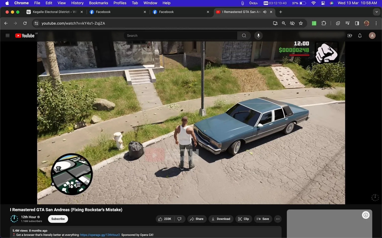 The image is a screenshot of a YouTube video titled "I Remastered GTA San Andreas (Fixing Rockstar's Mistake)" from the channel "12th Hour." The scene displayed is from the remastered version of the video game "GTA San Andreas." In the center of the image, a character in a white tank top and green pants stands next to a blue car on a cracked street, with a grassy area and a building in the background. The game's interface is visible, showing a mini-map in the bottom left corner and game statistics in the top right. The overall lighting suggests a daytime setting. The composition captures a typical urban environment within the game, with realistic textures and enhanced graphics as part of the remastering effort. The video has 5.4 million views and was uploaded eight months ago.
- Title: "I Remastered GTA San Andreas (Fixing Rockstar's Mistake)"
- Channel / profile: "12th Hour"
- Site / app: "YouTube"