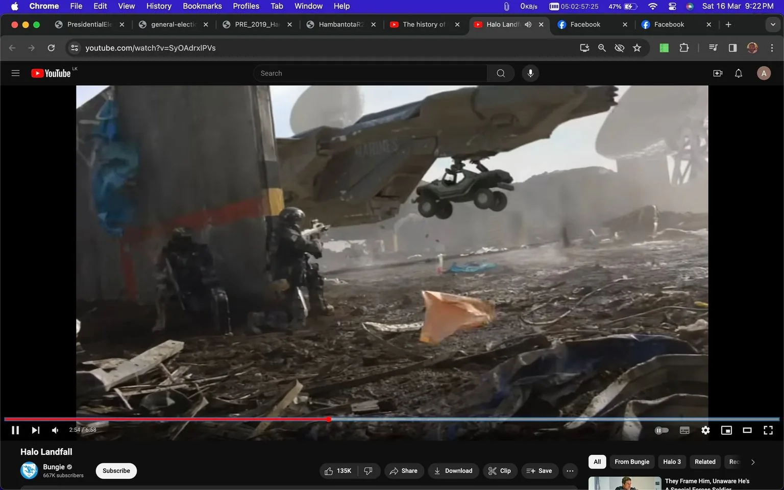 The image is a screenshot from a YouTube video titled "Halo Landfall" on the Bungie channel. It depicts a military sci-fi scene with intense action. In the foreground, armed soldiers are crouched behind a concrete barrier, taking cover. They appear to be wearing futuristic armor and helmets, which suggests a high-tech, combat-ready environment. The ground is littered with debris and dirt, adding to the gritty, war-torn atmosphere.
In the background, a large aircraft hovers near the soldiers, with the word "MARINES" visible on its side. This aircraft is in the process of deploying a vehicle, which is suspended mid-air, indicating a rapid military operation. The lighting is bright, suggesting a daytime setting, and the colors are predominantly muted earth tones, which is typical of a military setting.
The overall mood is tense and action-packed, characteristic of a combat scenario. The video seems to belong to the "Halo" franchise, known for its military science fiction themes. The visual style is realistic, catering to fans of immersive, high-stakes action.
- Title: "Halo Landfall"
- Channel / profile: "Bungie"
- Site / app: "YouTube"