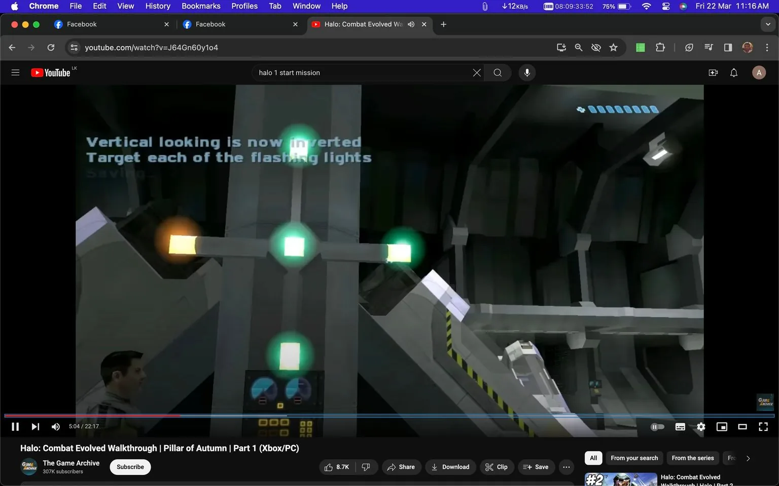 The image is a screenshot of a YouTube video on a walkthrough for "Halo: Combat Evolved," specifically focused on the mission "Pillar of Autumn." The video is hosted on the channel "The Game Archive," which has a substantial following of 307K subscribers. The title clearly indicates that this is part one of the walkthrough for both Xbox and PC versions of the game.
The screenshot captures an in-game scene where the player is instructed with the text "Vertical looking is now inverted" and "Target each of the flashing lights." The environment is a typical sci-fi setting, likely within a spaceship or a futuristic facility, fitting the theme of "Halo." The visuals show a series of flashing lights in different colors positioned on a structure that appears to be part of a larger control panel or console. The scene is rendered in early 2000s graphics typical of the original "Halo" game, with a focus on geometric shapes and basic textures.
In the foreground, a character is visible, though details about their appearance are not specified. The user interface elements, such as health or shield indicators, are visible in the upper right corner, consistent with the game's design. The video is paused at 5:04 out of a total 22:17, suggesting this is an early part of the walkthrough. The video player interface shows options for actions like subscribing, sharing, and saving the video, typical features of YouTube's platform. The visual tone is instructional, guiding new players through the game mechanics.