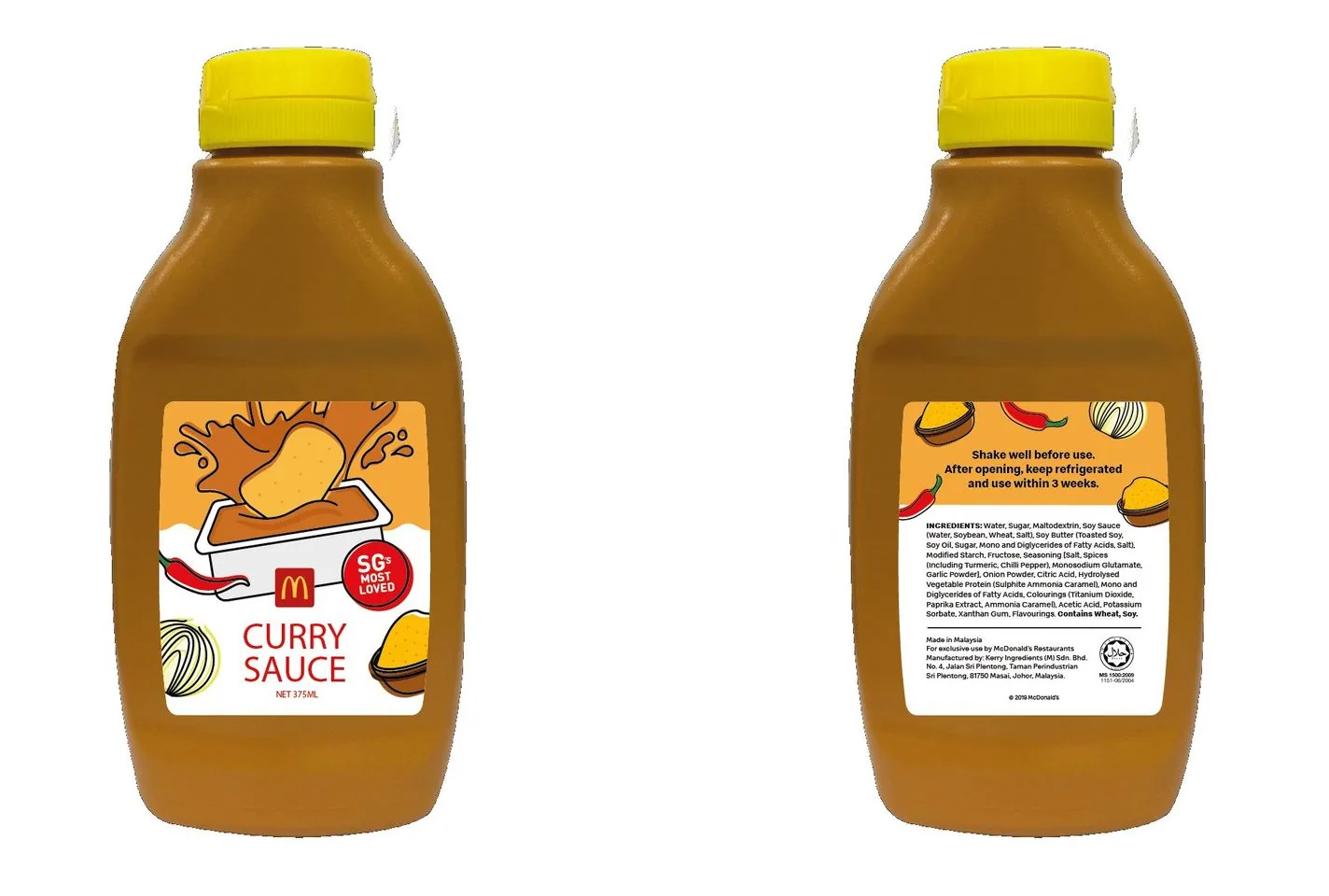 This image features a bottle of McDonald's Curry Sauce. The bottle has a yellow cap and is brown, typical of sauce containers. The front label has a visual design with a splash of curry sauce and a fry dipping into it. The label prominently displays "SG'S MOST LOVED", indicating its popularity in Singapore, along with the McDonald's logo. Below this, it reads "CURRY SAUCE" and "NET 375ML", specifying the content and volume.
The back of the bottle provides usage instructions and a detailed list of ingredients. It instructs the user to shake well before use and to keep it refrigerated after opening, using it within three weeks. The ingredients list includes water, sugar, maltodextrin, and soy sauce, among others. The product is made in Malaysia for McDonald's restaurants. The design is simple and functional, using warm colors like brown and yellow, which match the curry theme, and small illustrations of ingredients like chili and onion for added visual interest.