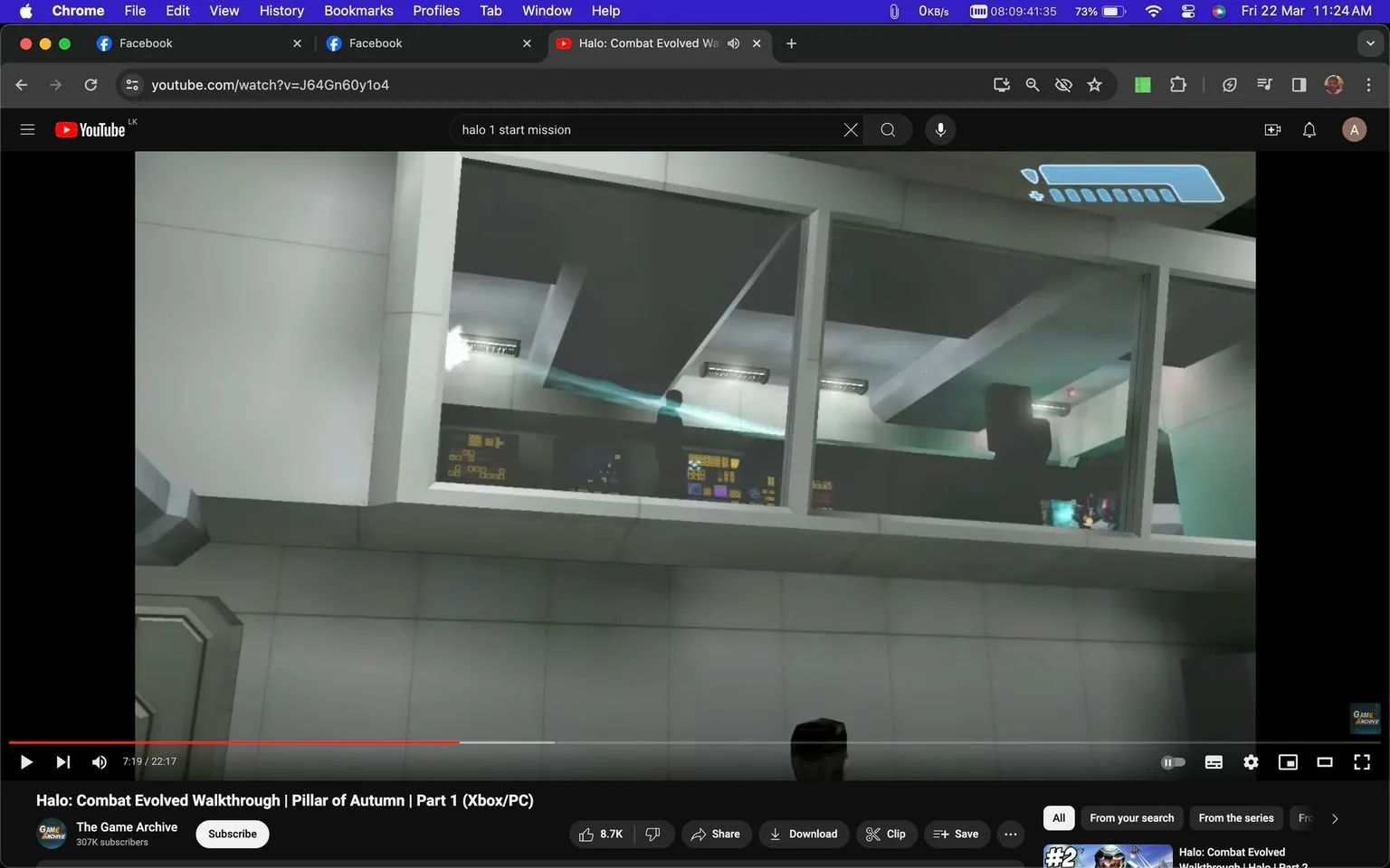 ```
The image is a screenshot from a YouTube video titled "Halo: Combat Evolved Walkthrough | Pillar of Autumn | Part 1 (Xbox/PC)" on the channel "The Game Archive." The scene is from the game "Halo: Combat Evolved," specifically during the "Pillar of Autumn" mission. The visual shows a perspective from inside the game, depicting a view through a large glass window into a control room with advanced technology. The room is futuristic, with illuminated control panels visible in the background, and a figure is seen standing, possibly interacting with the controls. The setting has a sterile, metallic look typical of a spaceship's interior. The lighting is bright, emphasizing the sci-fi theme of the game. The status bar of the game interface is partially visible at the top right corner, indicating this is a gameplay moment.