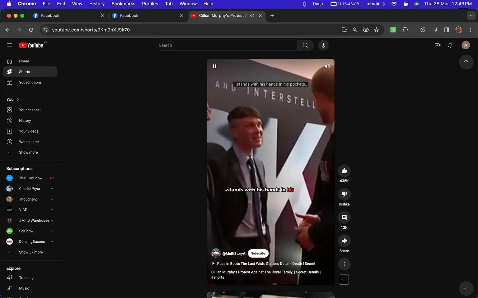 The screenshot shows a YouTube Shorts video featuring Cillian Murphy at an event. The setting appears to be a formal gathering, likely a premiere or press event, as suggested by a large backdrop with partially visible text that may relate to a film or brand. Cillian Murphy is in the center, dressed in a suit and tie, engaging with someone who is partially visible in the foreground on the right. His expression seems friendly and engaged. The lighting is bright, typical of an indoor event, with focus on the individuals rather than the background. The video snippet includes a subtitle, "..stands with his hands in his pockets..." which adds context to the interaction being shown. The video is titled "Cillian Murphy's Protest Against The Royal Family. | Secret Details | #shorts" and is posted by the channel "@MultiStoryAI."
- Title: "Cillian Murphy's Protest Against The Royal Family. | Secret Details | #shorts"
- Channel / profile: "@MultiStoryAI"
- Site / app: "YouTube"
- Captions / subtitles: "..stands with his hands in his pockets..."