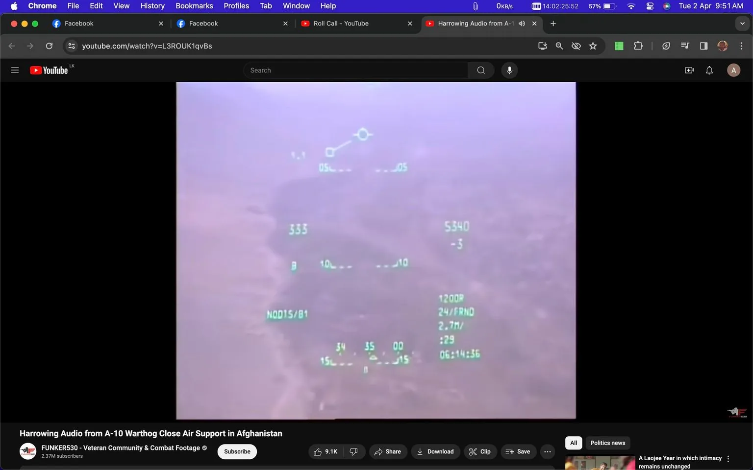 The screenshot captures a YouTube video titled "Harrowing Audio from A-10 Warthog Close Air Support in Afghanistan," published by the channel "FUNKER530 - Veteran Community & Combat Footage." The image shows a video player interface within a web browser, specifically Google Chrome, with visible tabs and browser controls. The main content is a still from a video, featuring the HUD (Head-Up Display) of an A-10 Warthog aircraft, providing an aerial view of a landscape below.
The digital HUD displays various numerical data, including "533," "5340," "NOD15/B1," and "1200R," suggesting information relevant to navigation or targeting. The time "6:14:36" is also visible, likely indicating a timestamp from the video footage. The scene conveys a sense of real-time military operations, with technical data overlaying the terrain view, which is slightly obscured by the HUD's graphics. The overall color scheme is muted, with the landscape appearing in shades of brown, typical of a desert environment. The interface shows standard YouTube control buttons and options such as play, pause, share, and save.