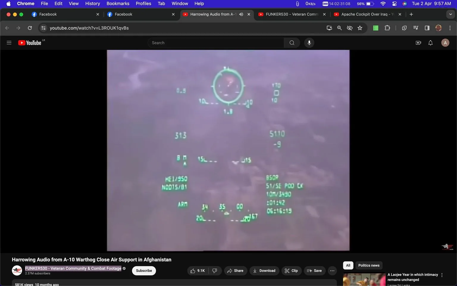 The image is a screenshot from a YouTube video titled "Harrowing Audio from A-10 Warthog Close Air Support in Afghanistan," uploaded by the channel "FUNKER530 - Veteran Community & Combat Footage." The video appears to depict a combat scenario, focusing on the HUD (Head-Up Display) of an A-10 Warthog aircraft. The HUD is filled with various flight and targeting data, including numerical values and codes like "313," "5110," "HEI/950," and "NOD15/B1." These details suggest an active monitoring of the aircraft's operations during a military engagement.
The HUD is shown against a blurred aerial background, indicating the aircraft is in flight over a landscape. The display is primarily in green text on a transparent overlay, typical of military aircraft instrumentation. The overall tone is serious and technical, reflecting the high-stakes environment of close air support missions in Afghanistan. The interface suggests precision and focus, characteristic of military aviation footage.
- Title: "Harrowing Audio from A-10 Warthog Close Air Support in Afghanistan"
- Channel / profile: "FUNKER530 - Veteran Community & Combat Footage"
- Site / app: "YouTube"