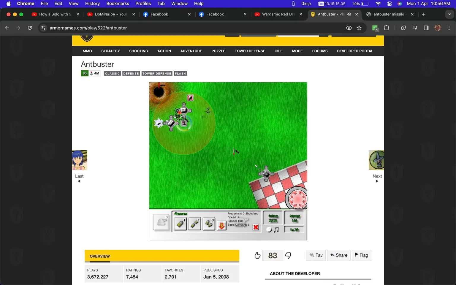 This image is a screenshot from the website armorgames.com, featuring the game "Antbuster," a classic tower defense game. The game screen is prominently displayed within a browser interface, specifically in Google Chrome, as evidenced by the tabs and URL bar visible at the top. The game itself depicts a green field with a few scattered components, including turrets strategically placed on the grass to defend against ants approaching from different directions. The turrets are shown firing at the ants, with some projectiles visibly in motion.
The interface includes control buttons and statistics such as frequency, speed, range, and damage of the weapons, along with player's points, money, and level details. The page also shows gameplay statistics including over 3 million plays, over 7,000 ratings, and a publication date of January 5, 2008. The layout is typical of a Flash-based browser game from that era, with bright colors and a straightforward, engaging interface. The site offers options to favorite, share, or flag the game, indicating user interactivity and feedback mechanisms common to online gaming platforms.