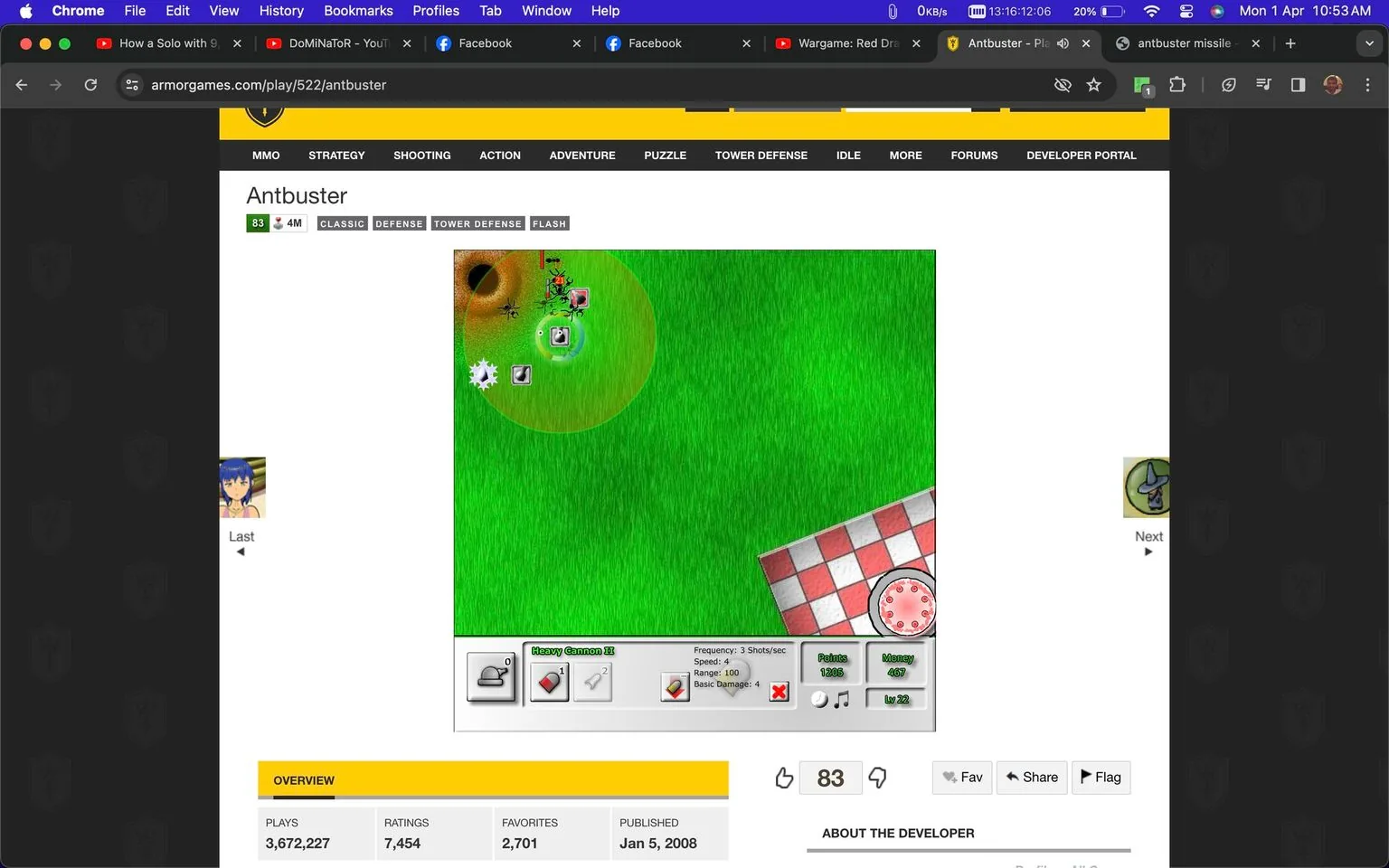 ```
## Section 2
This image is a screenshot from the website Armor Games, displaying a game called "Antbuster." The game belongs to the classic, defense, tower defense, and flash categories. The main area of the screenshot features a grassy field where a game interface is overlaid. There is a visible path with a group of ants approaching a picnic area, and various towers are placed strategically to defend against the ants.
The interface displays details about a selected tower called "Heavy Cannon X2," with stats including frequency, speed, range, and basic damage. In the lower part of the interface, the player's points, money, and level (Lv 22) are shown. The game has recorded over three and a half million plays, with over seven thousand ratings and two thousand favorites. It was published on January 5, 2008.
The page design is typical of a gaming website, with options to share, favorite, or flag the game. The bright colors and simple graphics reflect the aesthetic of early flash games.