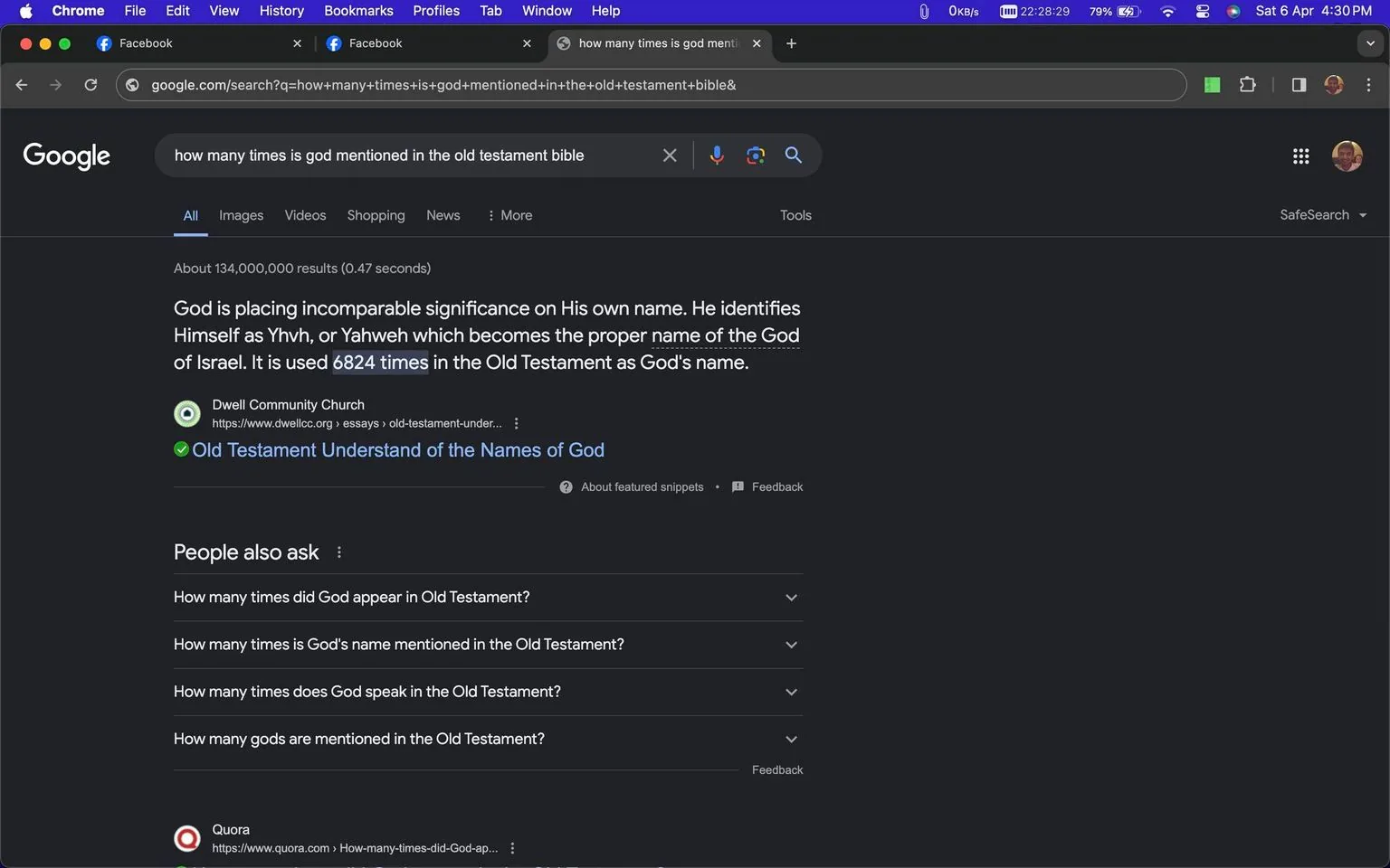 The image is a screenshot of a Google search results page. The search query, "how many times is god mentioned in the old testament bible," is prominently displayed in the search bar. The top result is from "Dwell Community Church" and provides information about the name of God, mentioning that "Yhvh, or Yahweh" is used 6824 times in the Old Testament. Beneath this, there are related questions in the "People also ask" section, such as inquiries about God's appearance and speech in the Old Testament. The interface includes typical browser elements like tabs and the address bar, indicating it is viewed on a desktop version of Google Chrome. The overall mood suggests informative content delivery, with a dark theme enhancing the focus on text.
