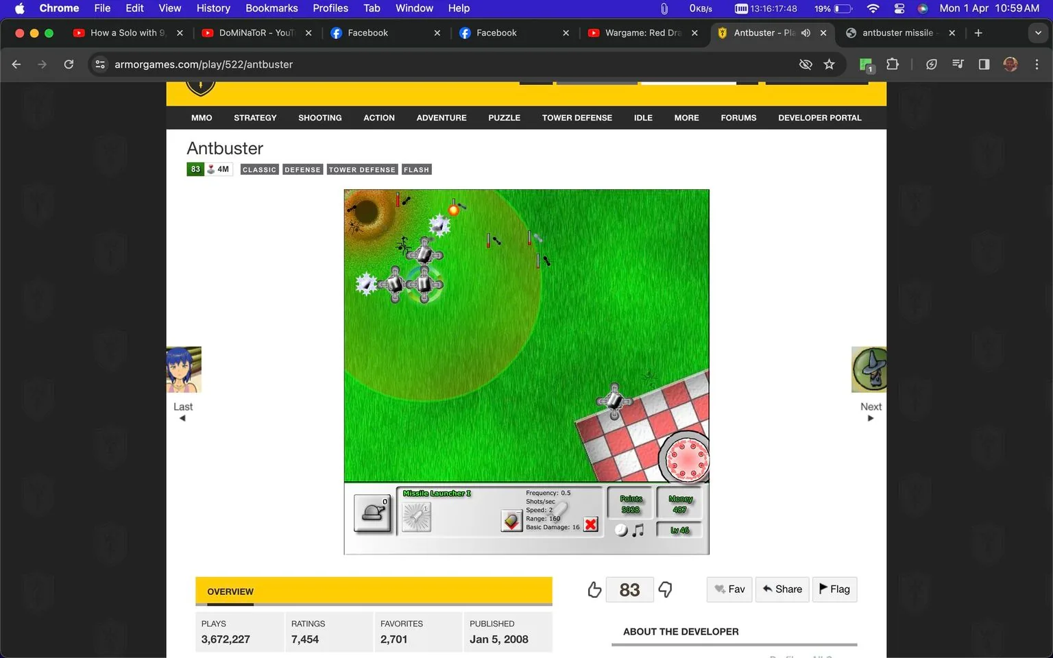```
The image is a screenshot from the Armor Games website, showing a game titled "Antbuster." The game falls under the categories of classic, defense, tower defense, and flash games. The main gameplay screen is visible, featuring a grassy area with multiple missile launchers targeting ants that are approaching a picnic blanket with a pie. The interface includes options and statistics such as frequency, shots per second, range, and basic damage of the missile launcher. In the bottom section, there are statistics showing the game's plays, ratings, and favorites, along with the publication date, January 5, 2008. The website interface includes navigation tabs at the top and social interaction options like share and flag at the bottom.