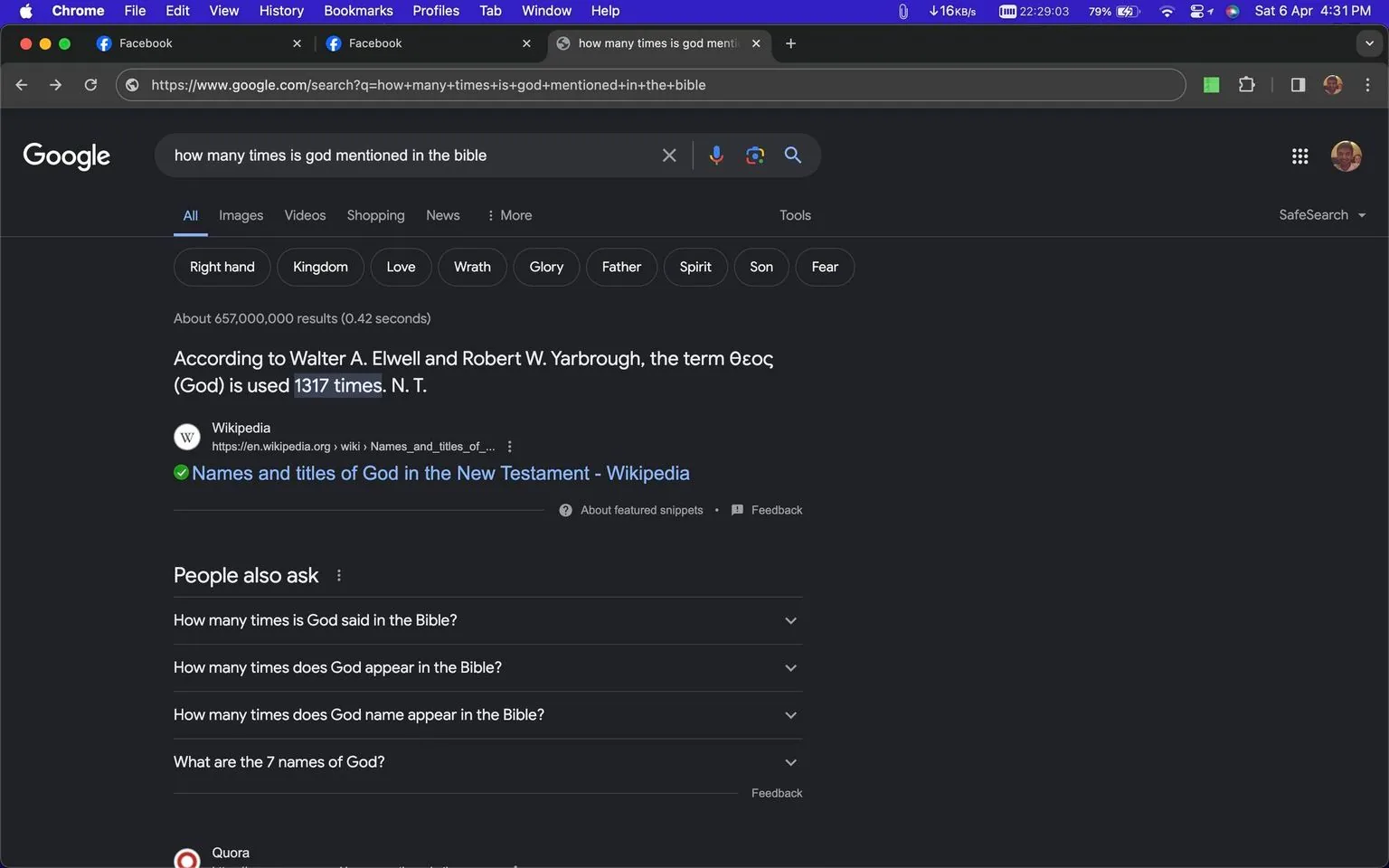 The image is a screenshot of a Google search results page. The search query at the top asks, "how many times is god mentioned in the bible." The main result, sourced from Wikipedia, states that according to Walter A. Elwell and Robert W. Yarbrough, the term Θεος (God) is used 1,317 times in the New Testament. This information is displayed prominently in a featured snippet at the top of the page.
Several related search suggestions are listed under "People also ask," including questions about how many times God is mentioned in the Bible and what the seven names of God are. The page is set against a dark mode theme, with white text on a black background. The browser is Google Chrome, with visible tabs including Facebook, and the search bar URL beginning with "https://www.google.com/search."
The upper bar of the browser shows various icons and indicators, such as the Wi-Fi symbol, battery level, and time, reflecting a typical desktop interface. The text and elements are neatly arranged, characteristic of Google's streamlined and user-friendly search engine layout.