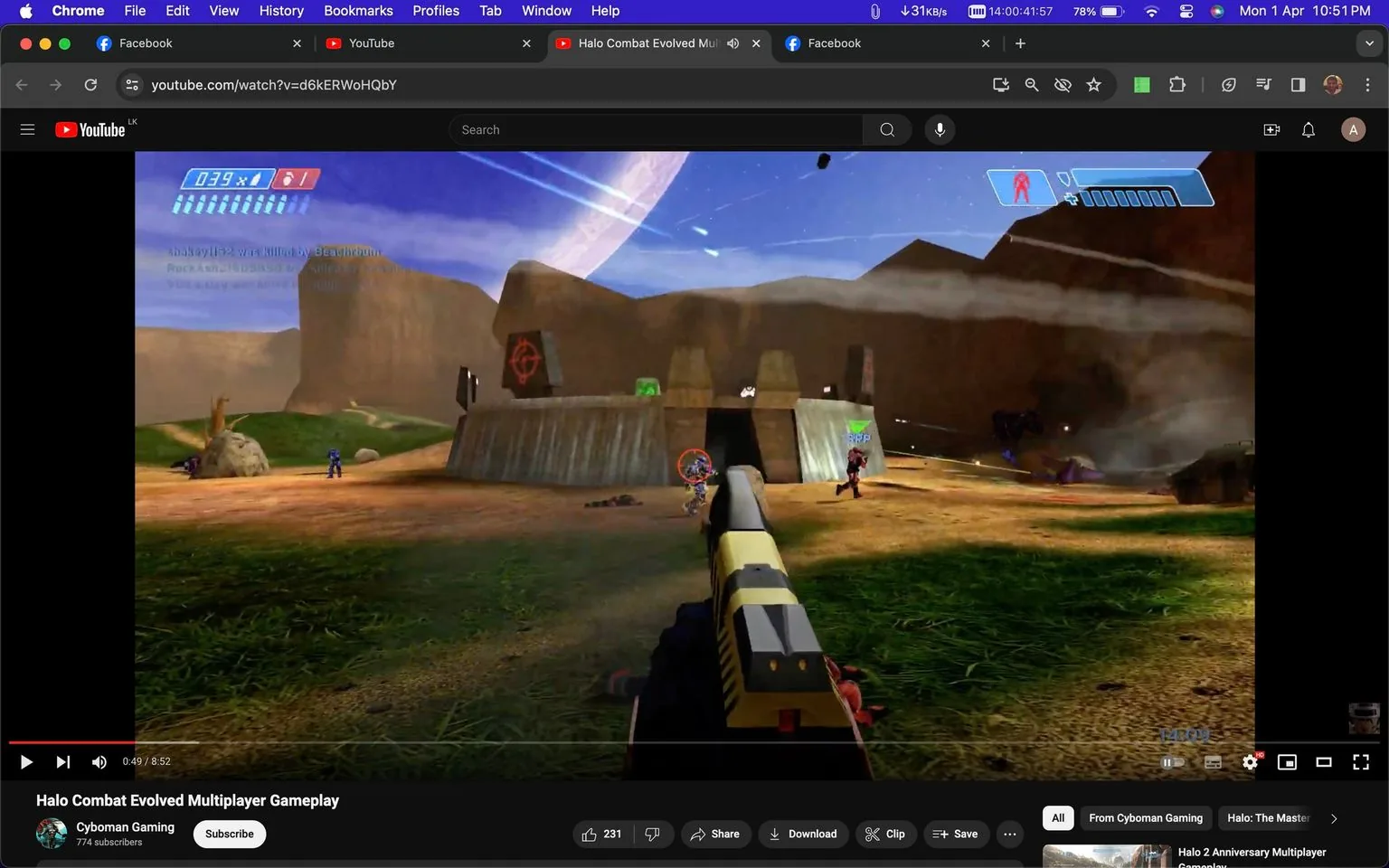 The image is a screenshot from a YouTube video titled "Halo Combat Evolved Multiplayer Gameplay," uploaded by the channel "Cyboman Gaming." The game depicted is "Halo 1," a classic first-person shooter. The scene shows a multiplayer match in a sci-fi outdoor setting, characterized by rocky terrain and a clear sky with a large celestial body in the background.
In the foreground, a first-person view shows a yellow gun aiming at a player in blue armor. Other players in red and blue armor are visible, engaging in combat. A futuristic structure with a ramp and multiple doorways is situated in the mid-ground, and various HUD elements are displayed, including health bars and team scores.
The image captures the dynamic and competitive atmosphere typical of "Halo 1" multiplayer matches, with detailed textures and vibrant colors enhancing the sci-fi theme. On-screen text in the game displays player actions, such as kills and deaths, adding to the competitive feel of the gameplay. The interface of the YouTube video showcases common options like like, share, and download, highlighting interactivity and engagement.