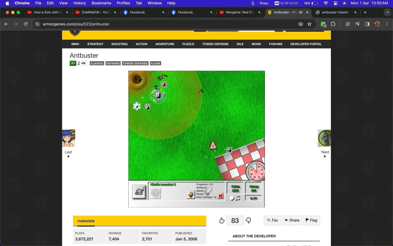 The image is a screenshot from the game "Antbuster" on the Armor Games website. The game is categorized as a classic tower defense game and is built using Flash. The main focus of the screenshot is the gameplay interface, which shows a grassy field where players must defend a piece of cake from ants using various weapons. The screen displays a "Missile Launcher 1," with details about its frequency, shots per second, range, and basic damage. A small segment of a picnic blanket with a cake is visible at the bottom right, indicating the player's objective to protect it from ants.
The interface includes options for upgrading or interacting with the weapons, and there are indicators for "Potato" and "Money," suggesting in-game resources. The game has been played over 3.6 million times, with 7,454 ratings and 2,701 favorites. It was published on January 5, 2008. The layout is user-friendly with a green background representing the ground, and the graphics are typical of Flash games from the era, with simple, colorful designs and straightforward mechanics.
- Title: "Antbuster"
- Site / app: "Armor Games"