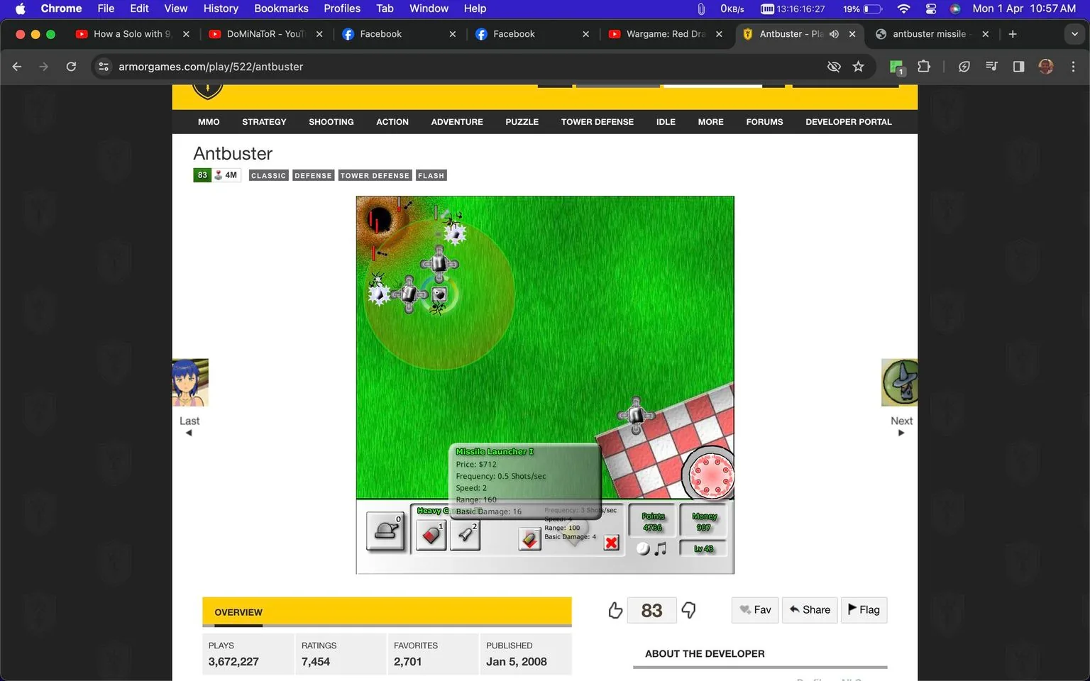 The image is a screenshot from the website Armor Games featuring the game "Antbuster." The page displays gameplay of this classic tower defense flash game, where the objective is to prevent ants from reaching a picnic area by deploying various types of defensive turrets. The game interface includes a green grassy field, with visible turrets placed strategically to shoot at the ants. In the center of the screen, a missile launcher turret is highlighted, with a descriptive box detailing its specifications, such as price, frequency of shots, speed, range, and damage. The turret's range is visually depicted with a circular boundary around it.
The game's interface includes elements like a toolbar at the bottom with options for weapon upgrades and other controls. The background shows a picnic blanket in the lower right corner, indicating the area that the player must defend. The page also shows statistics related to the game, such as the number of plays, ratings, and favorites, along with the publishing date of January 5, 2008. This adds to the nostalgic value of the game, being one of the classic flash games popular in the late 2000s. The overall mood is strategic and engaging, inviting players to use tactics to protect their virtual picnic from the advancing ants.