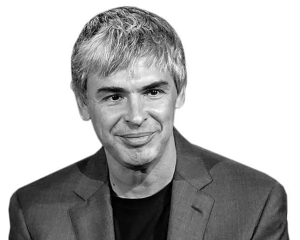 Larry Page is depicted in this black and white portrait. He is wearing a dark suit jacket over a black shirt, exuding a formal yet approachable demeanor. His hair is short and light-colored, styled neatly. Larry Page has a subtle smile, suggesting a relaxed and confident mood. The image is clear and high-resolution, emphasizing his facial features and expression. The background is plain white, focusing attention solely on him. The lighting is even, highlighting his face and attire without creating harsh shadows. This portrait, likely captured in a controlled indoor setting, presents Larry Page in a professional context, reflecting his stature in the business and technology world.
