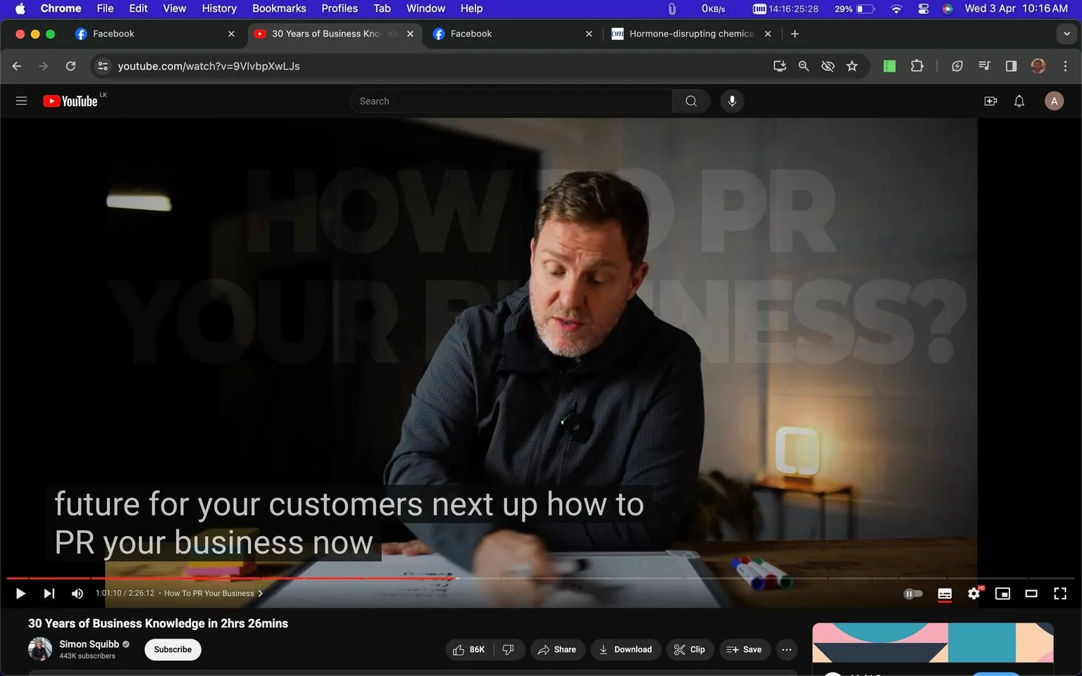 The image is a screenshot from a YouTube video titled "30 Years of Business Knowledge in 2hrs 26mins" on the channel "Simon Squibb." The video appears to be a presentation or discussion, featuring Simon Squibb. He is seated at a table indoors, engaging with an unseen audience or camera. Simon is focused on a whiteboard in front of him, where he seems to be explaining concepts related to business and PR strategies. The background is softly lit with a lamp, adding a warm ambiance to the setting. Text on the screen reads "HOW TO PR YOUR BUSINESS?" indicating the topic of discussion. Captions at the bottom mention "future for your customers next up how to PR your business now," suggesting the subject matter focuses on public relations strategies. The video has garnered substantial engagement, indicated by the high number of likes and subscribers. The overall mood is professional and informative.
- Title: "30 Years of Business Knowledge in 2hrs 26mins"
- Channel / profile: "Simon Squibb"
- Site / app: "YouTube"
- Captions / subtitles: "future for your customers next up how to PR your business now"