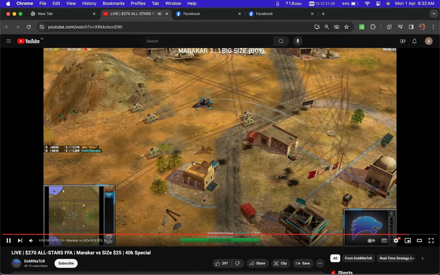 The image is a frame from a YouTube live stream video titled "$270 ALL-STARS FFA | Marakar vs SiZe $25 | 40k Special" on the channel DoMiNaToR. This appears to be a match in a real-time strategy game, possibly involving military tactics. The setting shows a desert terrain with dusty roads, small buildings, and scattered vegetation. Several military tanks and an aircraft are visible, indicating active gameplay.
The on-screen text includes details of the players, showing "Marakar" and "SiZe" competing, with scores and availability of funds visible. "Marakar" has $3845 and "SiZe" has $6650, suggesting resource management is a part of the game. The text at the top highlights the current match score, with "MARAKAR 3 : 1 BIG SIZE (BO9)" indicating a series of battles. Viewer donations are mentioned with "STEAMYBIT DONATIONS" showing a significant amount raised.
The visual composition includes a map overlay at the bottom left, aiding strategic planning for players. The overall tone is intense and engaging, characteristic of competitive gaming streams.