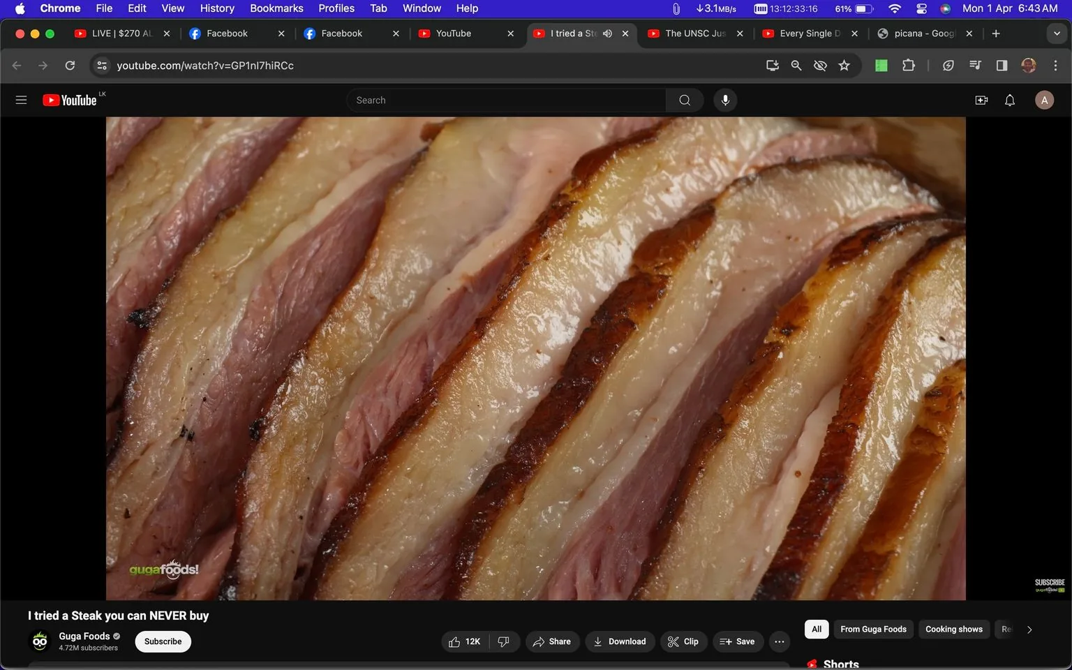 The image is a screenshot from a YouTube video titled "I tried a Steak you can NEVER buy," hosted on the Guga Foods channel. The focus of the image is on several slices of cooked steak, showcasing a rich, juicy texture with a noticeable layer of fat. The meat appears perfectly seared, displaying a golden-brown crust on the edges while the interior reveals a tender, pink center. The lighting highlights the glossiness and tenderness of the steak, emphasizing its appetizing appeal. In the bottom left corner, the text "gugafoods!" is visible, branding the content with the channel's logo. The screenshot likely aims to entice viewers with the delicious appearance of the steak, suggesting an exploration of unique or premium meat options in the video. The YouTube interface is visible, with options such as like, share, and subscribe, indicating the video's interactive features.