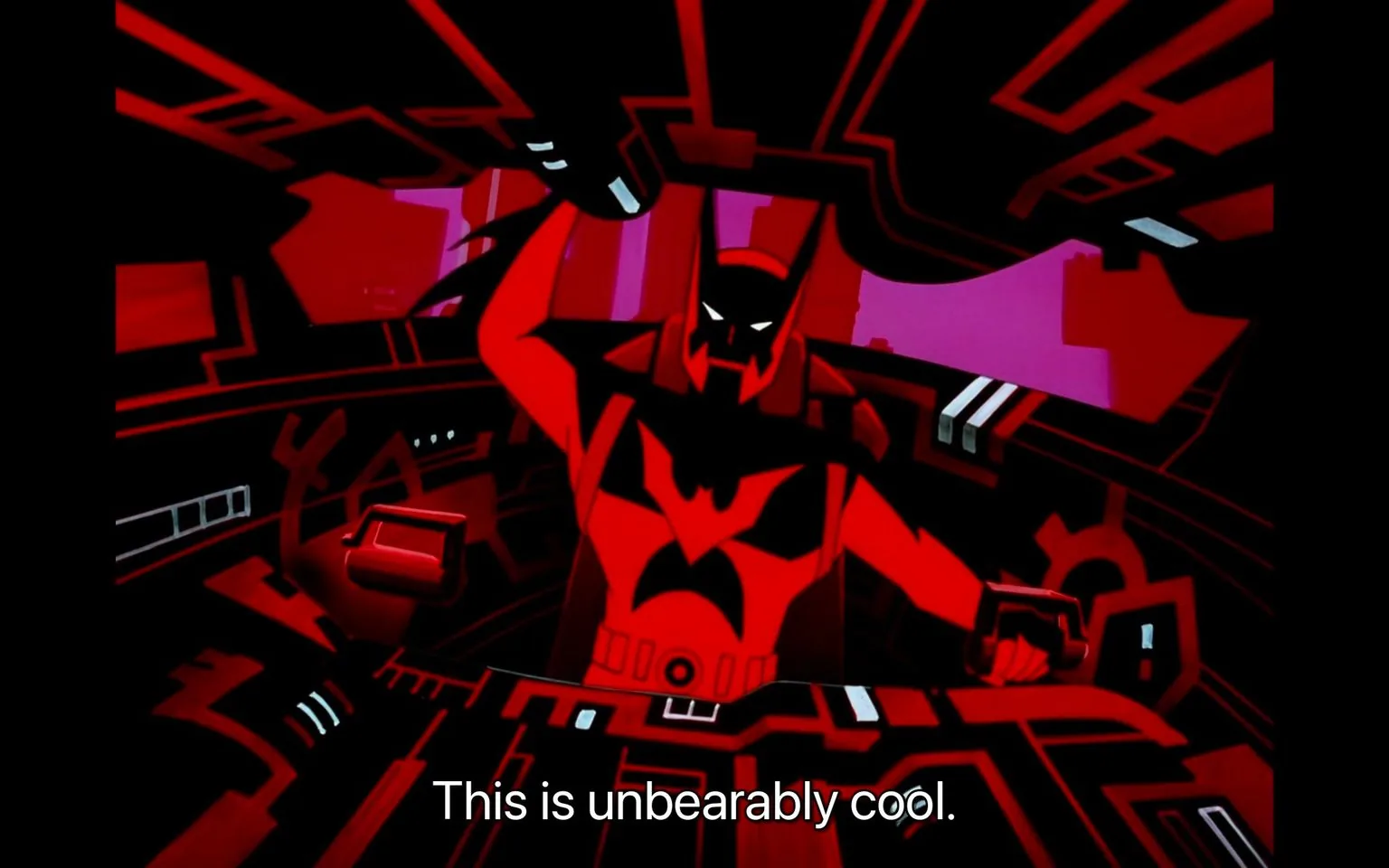 Batman Beyond is depicted in a dynamic and stylized animated scene. The character is inside a high-tech vehicle, likely a futuristic Batmobile, filled with glowing red and black hues that create a striking visual contrast. The angular design of the dashboard and the overall environment reflects a modern and advanced setting. Batman Beyond is wearing a suit with a sleek design, featuring the iconic bat symbol on the chest, accentuated by the vivid red and black color scheme. He appears to be gripping the controls with one hand and looking forward with determination, suggesting an intense or exciting moment. The background shows abstract shapes in shades of purple, enhancing the futuristic ambiance. The scene carries a bold and intense mood, amplified by the color palette and the confident posture of Batman Beyond. The caption at the bottom reads, "This is unbearably cool," emphasizing the exhilarating nature of the moment.