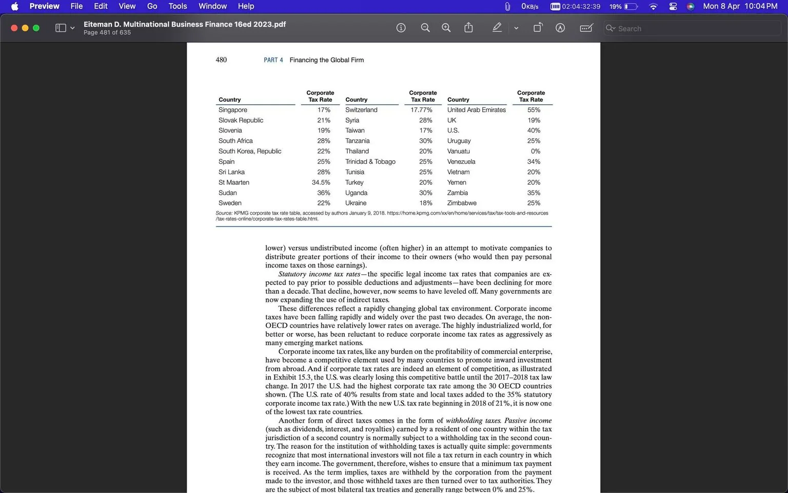 The image is a screenshot of a page from a PDF titled "Eiteman D. Multinational Business Finance 16ed 2023," displayed in the Preview application on a Mac. The page number is 480, and it is part of "PART 4 Financing the Global Firm." The main focus is a table listing corporate tax rates for various countries, including Singapore, Slovak Republic, Slovenia, South Africa, South Korea, Spain, Sri Lanka, St Maarten, Sudan, Sweden, Switzerland, Syria, Taiwan, Tanzania, Thailand, Trinidad & Tobago, Tunisia, Turkey, Uganda, Ukraine, United Arab Emirates, UK, US, Uruguay, Vanuatu, Venezuela, Vietnam, Zambia, and Zimbabwe.
The corporate tax rates vary, with the United Arab Emirates having the highest at 55% and Vanuatu the lowest at 0%. The table is sourced from KPMG's corporate tax rate table, accessed in January 2018. The text below the table discusses global tax environments, statutory income tax rates, and the impact of passive income on withholding taxes. The document appears to be an academic or professional text on international business finance.