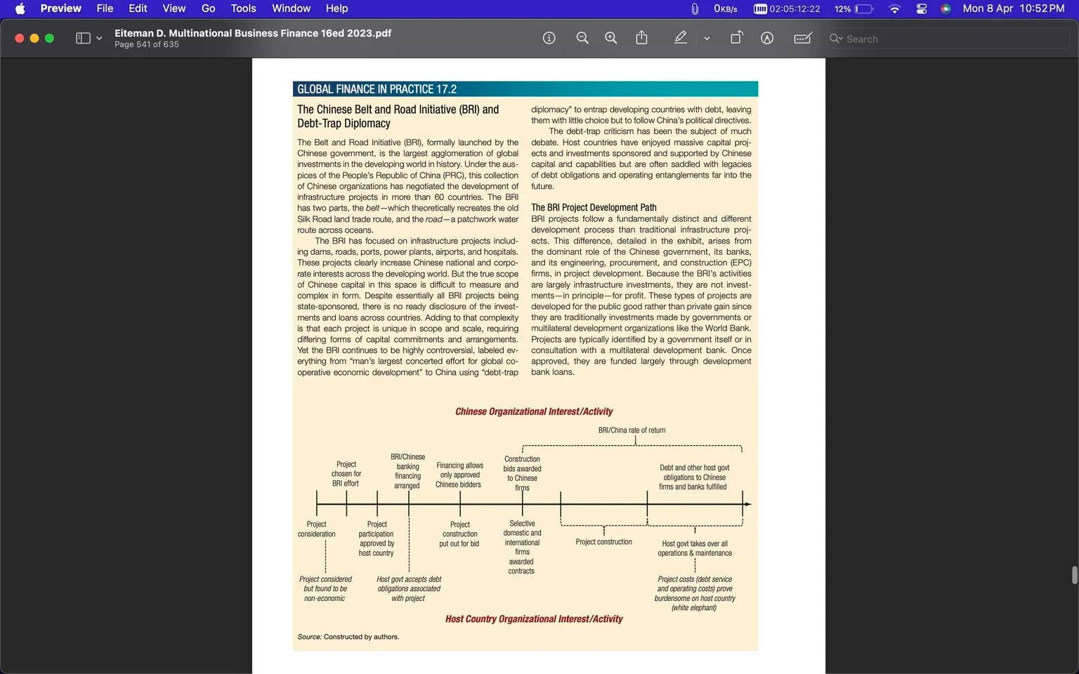 The image is a page from a PDF document viewed in Preview on a Mac, focusing on the "GLOBAL FINANCE IN PRACTICE 17.2" section. The topic discussed is "The Chinese Belt and Road Initiative (BRI) and Debt-Trap Diplomacy." The text explains how the BRI, launched by the Chinese government, represents the largest investment in global infrastructure projects, spanning more than 60 countries. The initiative is separated into two parts: the "belt," which recreates the Silk Road over land, and the "road," a network over oceans.
A timeline diagram at the bottom illustrates the steps involved in the BRI project development path, highlighting activities and interests from both Chinese organizations and host countries. The process includes project consideration, financing by Chinese banks, construction by Chinese firms, and eventual operation and maintenance by the host country. The potential for debt obligations to become burdensome is noted.
The page features a beige background with a mix of black and red text. It includes italicized and bold sections to emphasize key points. The document seems to be academic or business-focused, possibly intended for educational purposes or professional analysis.