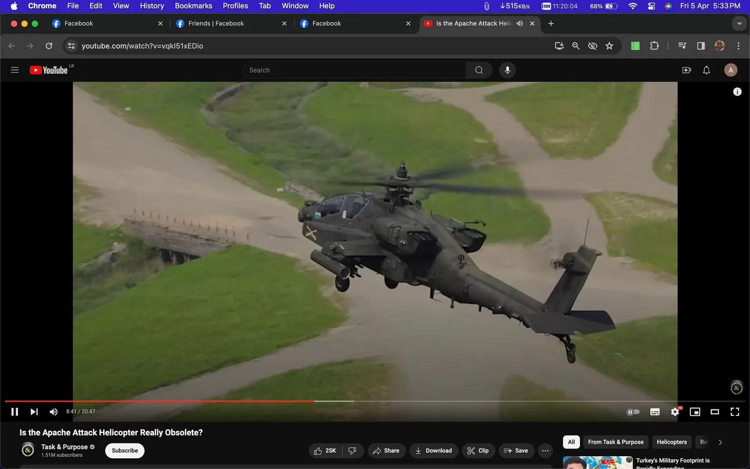 1) Rich description: The screenshot shows a YouTube video titled "Is the Apache Attack Helicopter Really Obsolete?" The video is from the channel "Task & Purpose," which appears to have 1.5 million subscribers. The video frame displays an Apache attack helicopter in flight, seemingly maneuvering over a green landscape with intersecting dirt paths. The helicopter is shown from the side, showcasing its rotors, weaponry, and streamlined design, painted in military green. The lighting suggests daytime, with clear visibility highlighting the helicopter's details. The YouTube interface is visible, with options to like, share, download, and save the video. The screenshot captures a paused video at 8:41 of the 20:47-minute duration. The scene is dynamic, emphasizing the helicopter's capabilities, and the video explores the topic of the helicopter's relevance in modern military contexts.
2) On-screen text block:
- Title: "Is the Apache Attack Helicopter Really Obsolete?"
- Channel / profile: "Task & Purpose"
- Site / app: "YouTube"