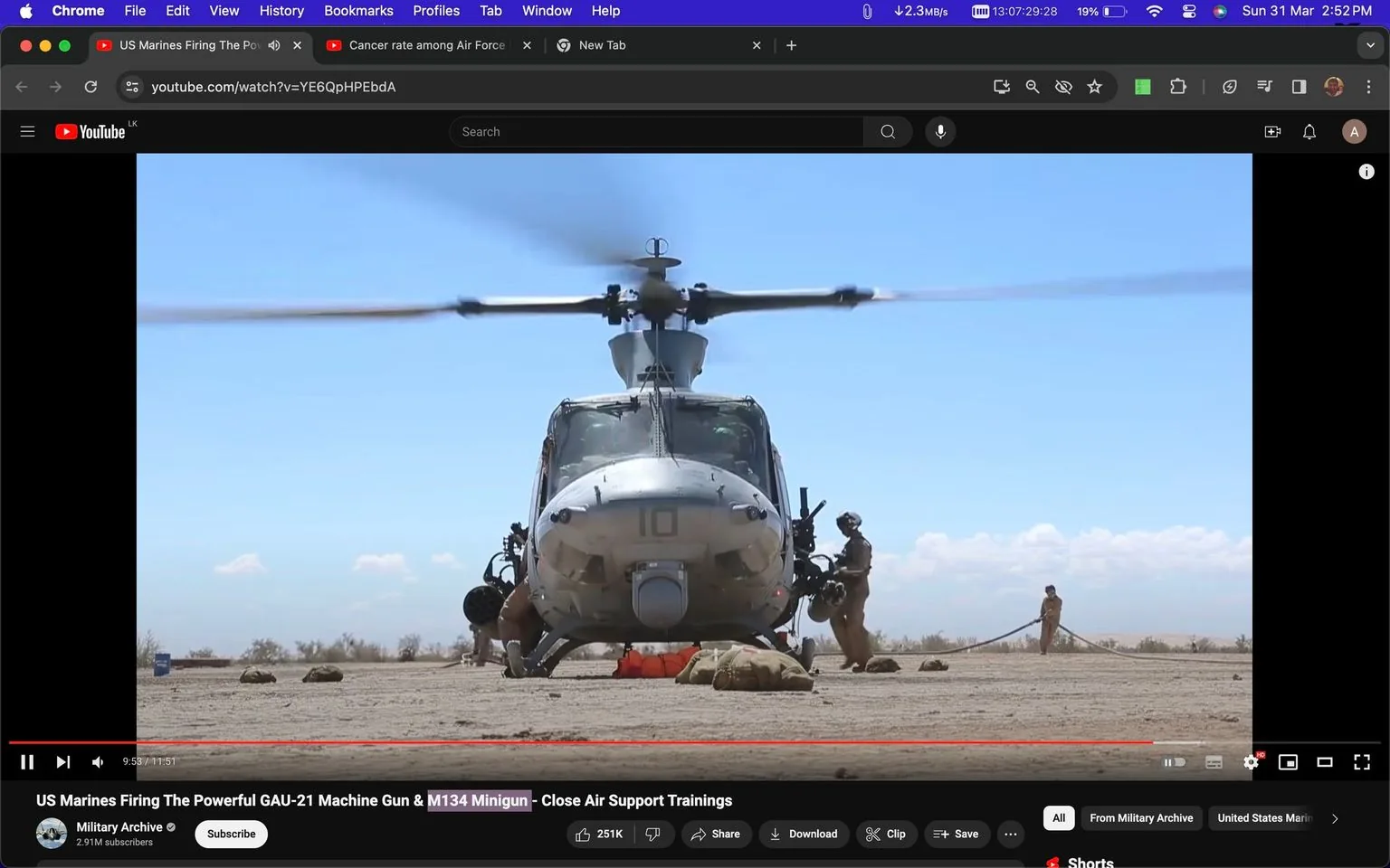```
The video frame depicts a military training exercise involving US Marines. Prominently featured in the center is a helicopter, likely a military model, situated on a flat, barren expanse. The helicopter's rotor blades are rotating, indicating active operation. Several Marines are visible around the helicopter, engaged in various activities relating to the training exercise.
The clear blue sky and scattered light clouds suggest a bright, sunny day, providing excellent visibility for the operation. The Marines are dressed in standard military gear, including helmets and tactical vests, appropriate for the intense and secure nature of the exercise. Equipment and supplies are visibly placed on the ground around the helicopter. The image captures the precision and coordination of military operations, highlighted by the positioning of the Marines and the helicopter.
- Title: "US Marines Firing The Powerful GAU-21 Machine Gun & M134 Minigun - Close Air Support Trainings"
- Channel / profile: "Military Archive"
- Site / app: "YouTube"