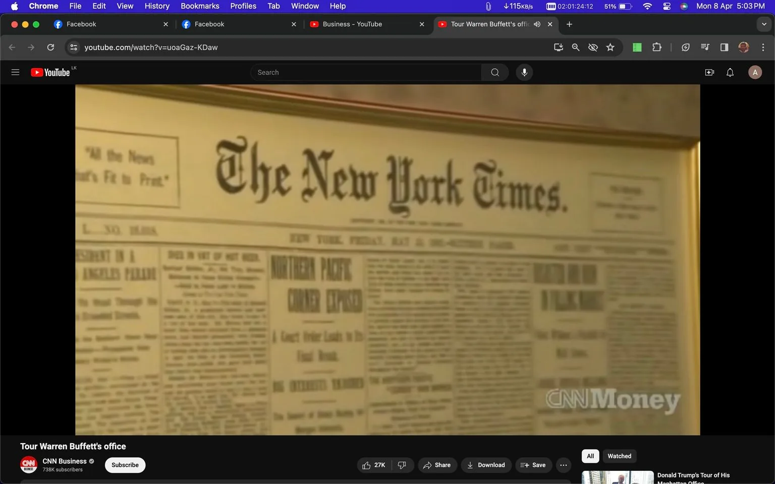 This screenshot from a YouTube video shows a framed front page of "The New York Times." The page is prominently displayed, suggesting its significance. The newspaper's masthead is visible at the top, with the iconic slogan "All the News That's Fit to Print" on the left. The date on the newspaper is Friday, May 9, but the year is not clearly visible. The image is part of a video titled "Tour Warren Buffett's office," from the CNN Business channel, indicating that this newspaper might be displayed in Warren Buffett's office. The warm lighting enhances the vintage feel, with the frame adding a touch of sophistication to the setting. The text on the newspaper includes headlines, but the details are not legible in the image. The CNN Money logo appears on the bottom right, highlighting the source of the video. The overall atmosphere suggests a historical and prestigious ambiance, fitting for an office like Warren Buffett's.
- Title: "Tour Warren Buffett's office"
- Channel / profile: "CNN Business"
- Site / app: "YouTube"