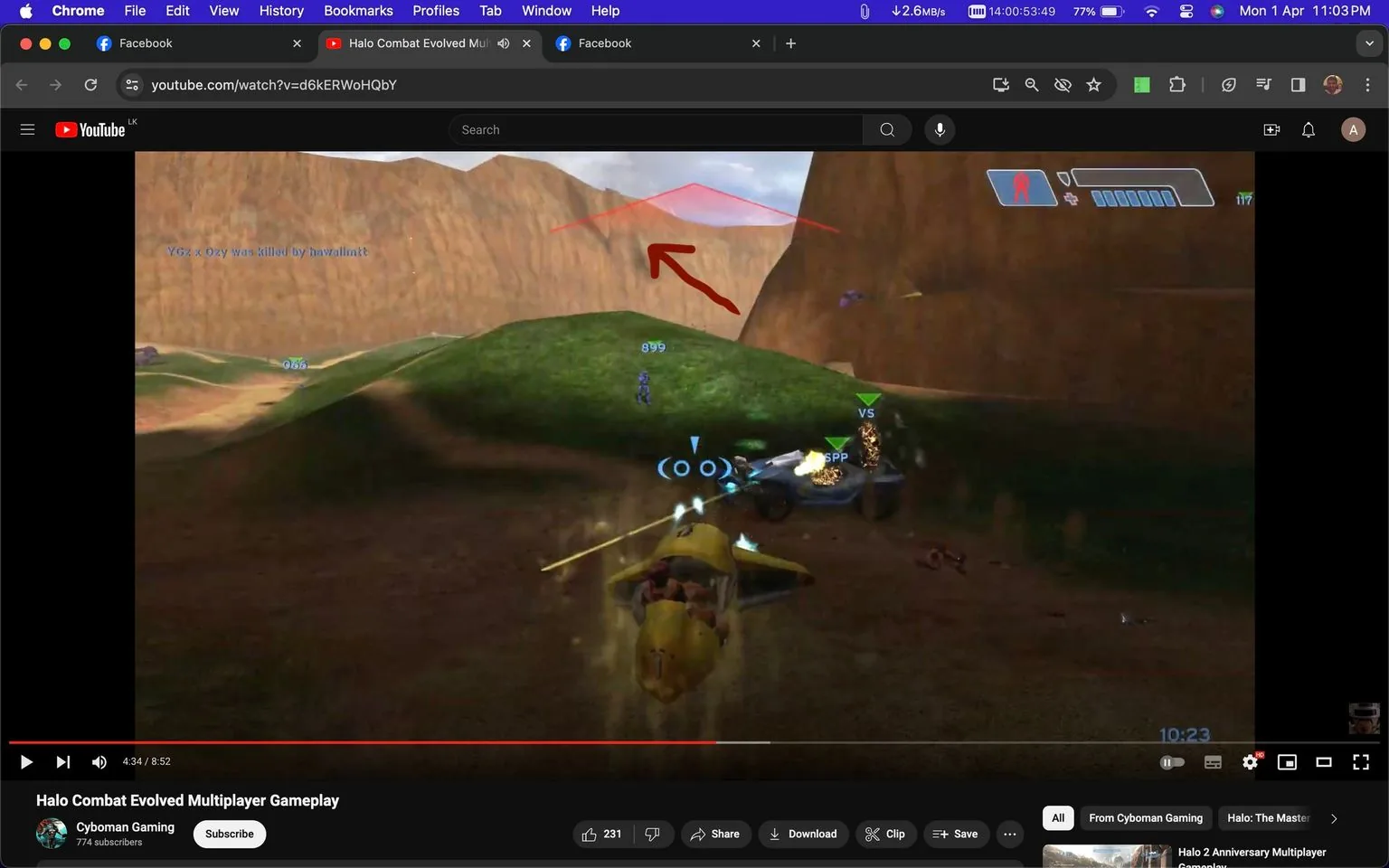 The image is a screenshot from a YouTube video titled "Halo Combat Evolved Multiplayer Gameplay" on the Cyboman Gaming channel. The scene is from the video game Halo, depicting a multiplayer battle in an outdoor setting with rocky, mountainous terrain. The players are engaged in combat, with one visible in a yellow vehicle, possibly a Banshee, which is a type of aircraft used in the game. The players' names and actions are reflected in the on-screen text, such as "YGz x Ozy was killed by hawaiian8." The interface displays player statistics and health bars at the top, typical of a video game HUD (head-up display). The overall mood is dynamic and action-packed, with bright, natural lighting illuminating the landscape. The game is renowned for its multiplayer experiences, and this scene captures the intense, competitive nature of such battles in Halo.
- Title: "Halo Combat Evolved Multiplayer Gameplay"
- Channel / profile: "Cyboman Gaming"
- Site / app: "YouTube"
- Captions / subtitles: None