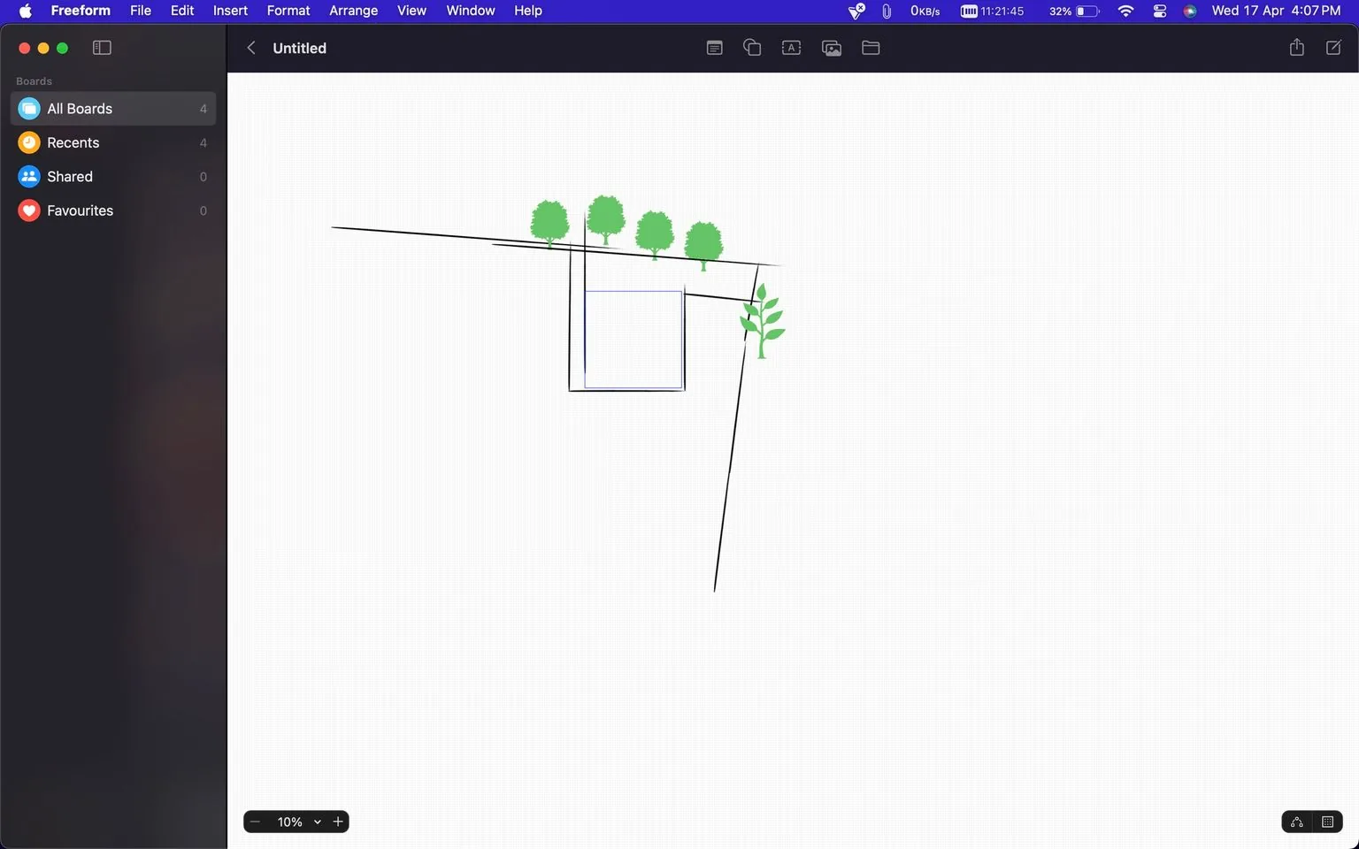 The image is a screenshot of an application called Freeform, displaying a draft or sketch within the workspace. The interface shows a project titled "Untitled" at the top. The main window contains a simple drawing with thin black lines forming a geometric structure, possibly representing a building plan. Several green tree icons are placed along the top and right, suggesting landscaping elements in the sketch. The left sidebar lists options like "All Boards," "Recents," "Shared," and "Favourites," with the "All Boards" category selected, showing a count of four. The application menu is visible at the top, with options such as "Insert," "Format," and "Arrange," indicating tools for editing the drawing. The view is zoomed to 10%, as indicated at the bottom left. The overall scene suggests a digital workspace for creative design or planning.