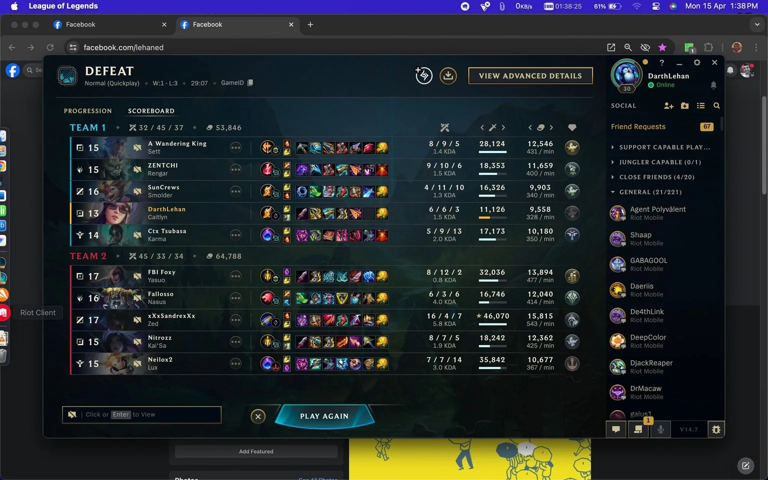 The image is a screenshot of a "League of Legends" game scoreboard displayed on Facebook. The interface shows the outcome of a match, indicating a "DEFEAT" for Team 1. The scoreboard, located in the center, lists two teams, each with five players. Team 1 includes players such as A Wandering King, ZENCTHI, SunCrews, DarthLehan, and Ctx Tsubasa, while Team 2 lists FBI Foxy, Fallosso, XxXSandrexXx, Nitrozz, and Neilox2. Each player has detailed stats including level, kills, deaths, assists, gold earned, and items purchased.
DarthLehan, the profile of interest, is highlighted on the right side of the screen. This section shows that DarthLehan is online, with a level of 30, and has received 67 friend requests. The screenshot captures the game's intricate interface, showcasing vibrant colors and detailed icons for the characters and their equipment. The overall mood is competitive, with a clear focus on the game's outcome and performance stats. The Facebook tab at the top and the Riot Client tab suggest this is a desktop view, with multiple windows open.
- Title: "League of Legends"
- Channel / profile: "DarthLehan"
- Site / app: "Facebook"