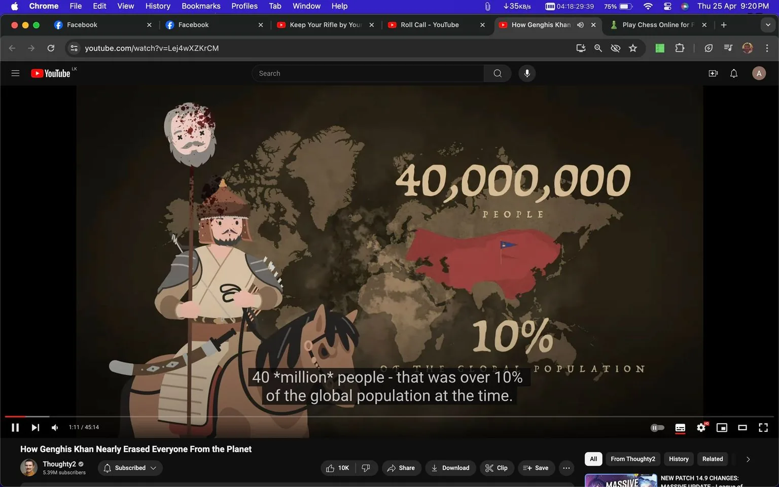 The image is a frame from a YouTube video titled "How Genghis Khan Nearly Erased Everyone From the Planet" by the channel Thoughty2. The frame features an animated illustration of a figure resembling a Mongol warrior, likely representing Genghis Khan, standing next to a horse. The warrior holds a spear with a severed head on top, depicted in a cartoonish style. Behind him is a world map highlighting a vast area in red, symbolizing the Mongol Empire's extent. The text "40,000,000 PEOPLE" and "10% OF THE GLOBAL POPULATION" appears prominently, emphasizing the scale of Genghis Khan's conquests. The dark, earthy tones of the map and characters create a historical atmosphere. Subtitles at the bottom state, "40 *million* people - that was over 10% of the global population at the time." This frame effectively combines historical data with visual storytelling to convey the impact of Genghis Khan's reign.