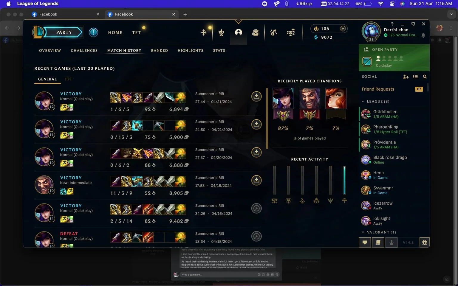 The screenshot displays the game interface of "League of Legends," specifically the match history section for the player named DarthLehan. The interface is dominated by a dark theme, typical of many gaming dashboards, with text displayed in white for clarity. On the left side, the recent matches are listed, showing various game outcomes such as "VICTORY" or "DEFEAT." Each match entry details the type of game, the map played on (Summoner's Rift), and the performance metrics like kills, deaths, assists, and gold earned, represented by numerical values.
To the right, there is a section titled "Recently Played Champions," showing icons of champions frequently played by DarthLehan. Below this, the "Recent Activity" graph provides a visual representation of game activity over time. The interface also includes social elements, like friend requests and online status of friends, visible in the right sidebar. The top navigation bar provides tabs for other features such as "Challenges," "Ranked," and "Highlights."
Overall, the screenshot captures a comprehensive view of a player's recent gaming activities and social interactions within the "League of Legends" platform, emphasizing both performance and community engagement aspects.