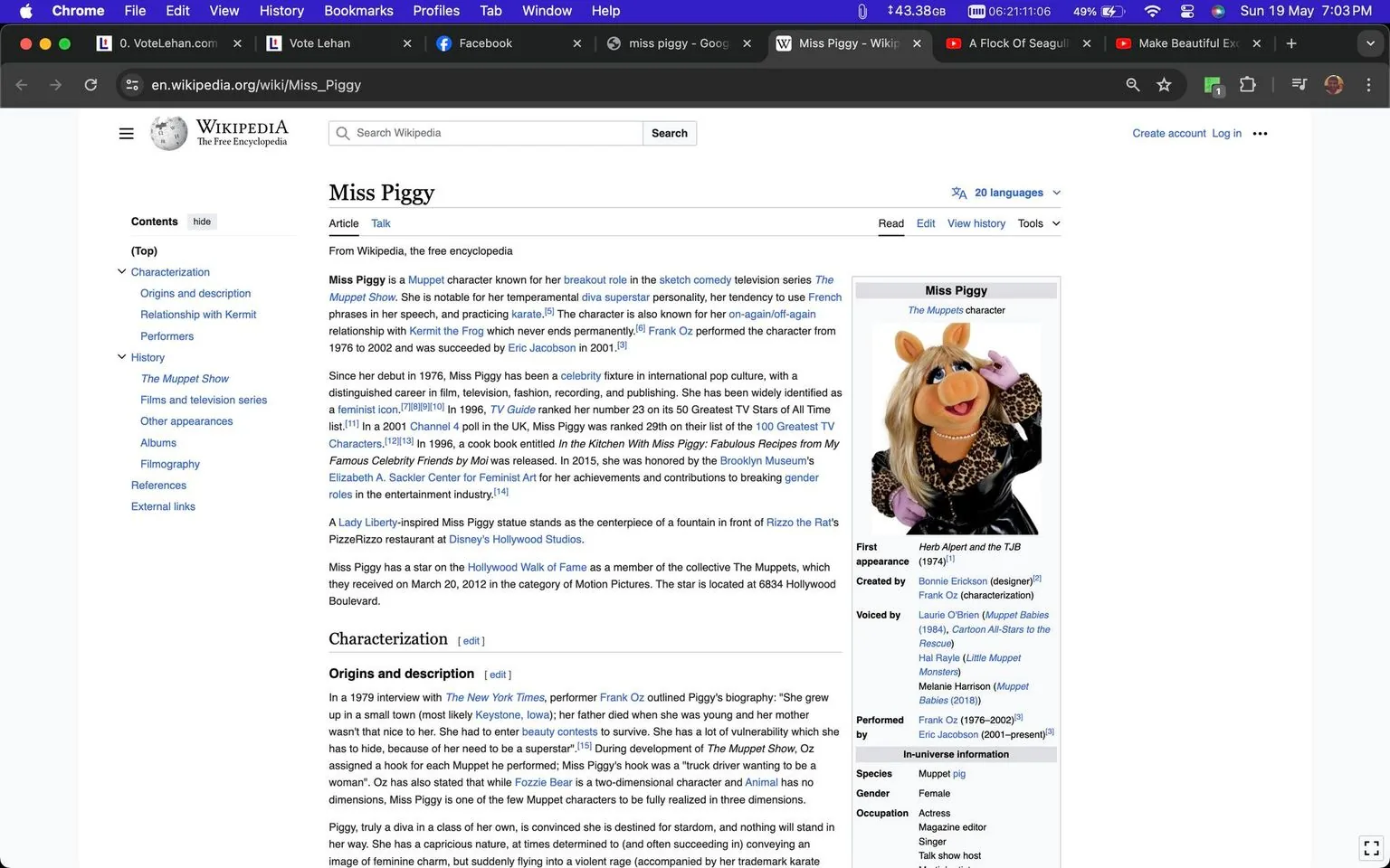 The image is a screenshot of a Wikipedia page dedicated to Miss Piggy, a character from "The Muppet Show." The page is displayed in a web browser on a computer, with visible tabs and bookmarks at the top. The main focus is the infobox on the right, which includes an image of Miss Piggy, a Muppet character. She is shown with blonde hair, wearing a leopard print outfit, and striking a confident pose. The text details Miss Piggy's characterization, her debut on "The Muppet Show," and her influence in pop culture. The article describes her as a prominent figure known for her diva personality and her relationship with Kermit the Frog. The article body includes sections on her characterization, history, and appearances. The screenshot's layout includes the article's content on the left and a sidebar with navigation options on the left, typical of Wikipedia's interface.