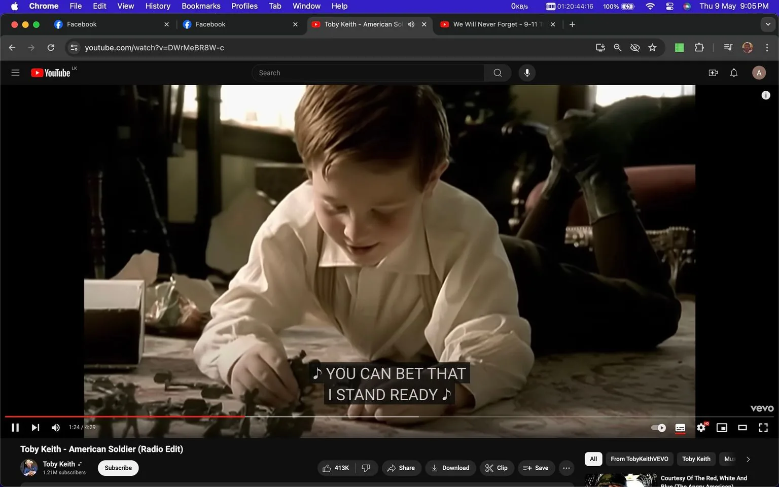 In this screenshot from a YouTube video, a young boy is seen lying on his stomach, focused intently on playing with toy soldiers. The setting is indoors, possibly a living room, with soft, warm lighting creating a cozy atmosphere. The boy is wearing a white shirt, and his expression is one of deep concentration and engagement. In the background, there are hints of furniture, including a chair with ornate legs, suggesting a traditionally decorated room. The scene is a part of the music video for "Toby Keith - American Soldier (Radio Edit)," as indicated by the title text on the screen.
The video is from the Toby Keith channel on YouTube, and the subtitle at this moment reads, "YOU CAN BET THAT I STAND READY," which emphasizes the themes of readiness and commitment, likely paralleling the song's patriotic and supportive message. The interface displays typical YouTube elements such as the video title, channel name, and various engagement options like thumbs-up, share, and download, as well as a view count and subscriber count for Toby Keith's channel.
- Title: "Toby Keith - American Soldier (Radio Edit)"
- Channel / profile: "Toby Keith"
- Site / app: "YouTube"
- Captions / subtitles: "YOU CAN BET THAT I STAND READY"