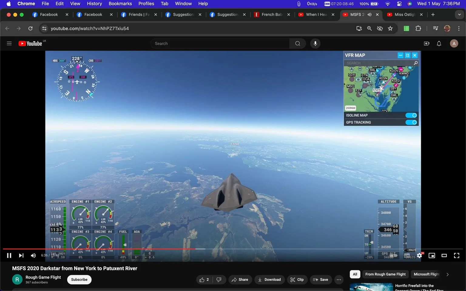 The screenshot depicts a YouTube video titled "MSFS 2020 Darkstar from New York to Patuxent River" from the channel "Rough Game Flight," which has 367 subscribers. The content is a flight simulation from the game Microsoft Flight Simulator 2020, showcasing the aircraft "Darkstar" flying from New York to the Patuxent River. The scene captures an elevated view from the cockpit's perspective, displaying an impressive expanse of the Earth below, including landforms and bodies of water under a bright, clear sky.
In the foreground, virtual cockpit instruments are visible, showing various metrics such as airspeed, engine performance (ENGINE #1 to #4), fuel levels, and angle of attack (AOA). The altitude is also displayed, with the current reading showing 34,869 feet. A small VFR map on the top-right provides navigation details like GPS tracking and an isoline map, indicating the flight path and nearby locations.
The interface reflects a typical flight simulator setup with a combination of realistic graphics and essential in-game data, emphasizing the technical aspects of piloting a high-speed aircraft. The video player controls are also visible at the bottom, showing a timestamp of 5:36 out of a total of 15:47 minutes.