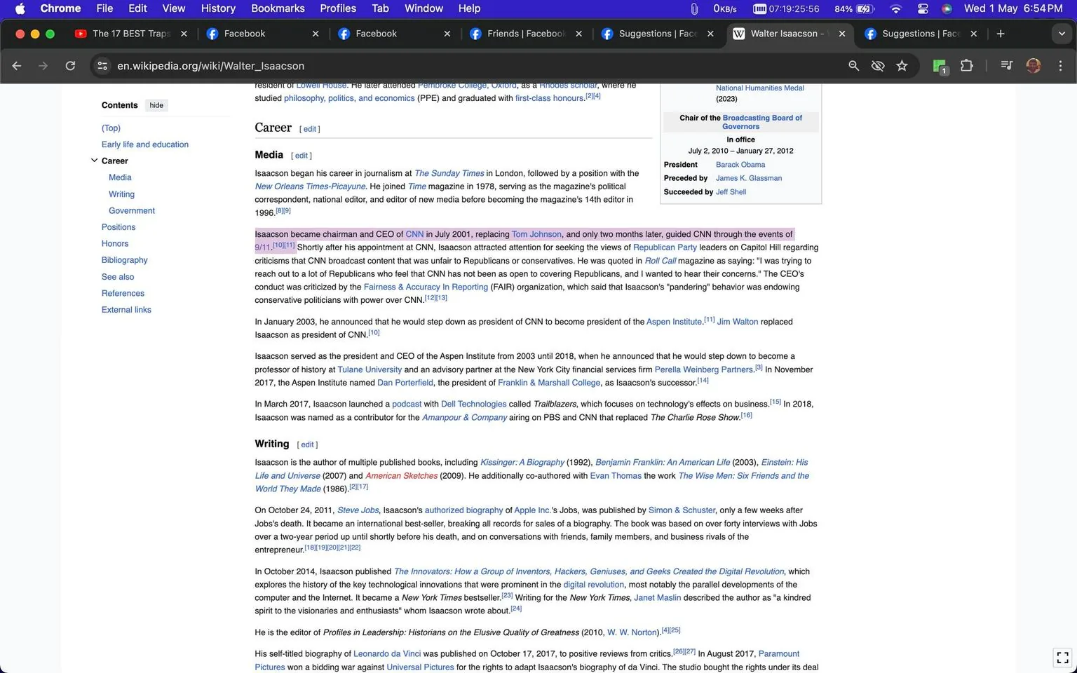 This screenshot is taken from a Wikipedia page about Walter Isaacson, a well-known author and journalist. The page is viewed in a web browser on a computer screen, as indicated by the visible browser elements such as tabs and navigation options. The browser is set to display the page in English, and the URL clearly shows the page's subject. The screenshot captures the "Career" section of Isaacson's biography, detailing his professional journey in media and writing. Key moments mentioned include his time as chairman and CEO of CNN and his leadership at the Aspen Institute. Additionally, the text highlights Isaacson's contributions to literature, including his biographies of influential figures like Steve Jobs and Benjamin Franklin. The layout features a typical Wikipedia format with hyperlinked references, a side menu for easy navigation, and sections for media, writing, and other aspects of Isaacson's life and work. The text is presented in a clean, readable font, with certain names and titles emphasized for clarity. The colors are standard for Wikipedia, predominantly white background with black text and blue hyperlinks.