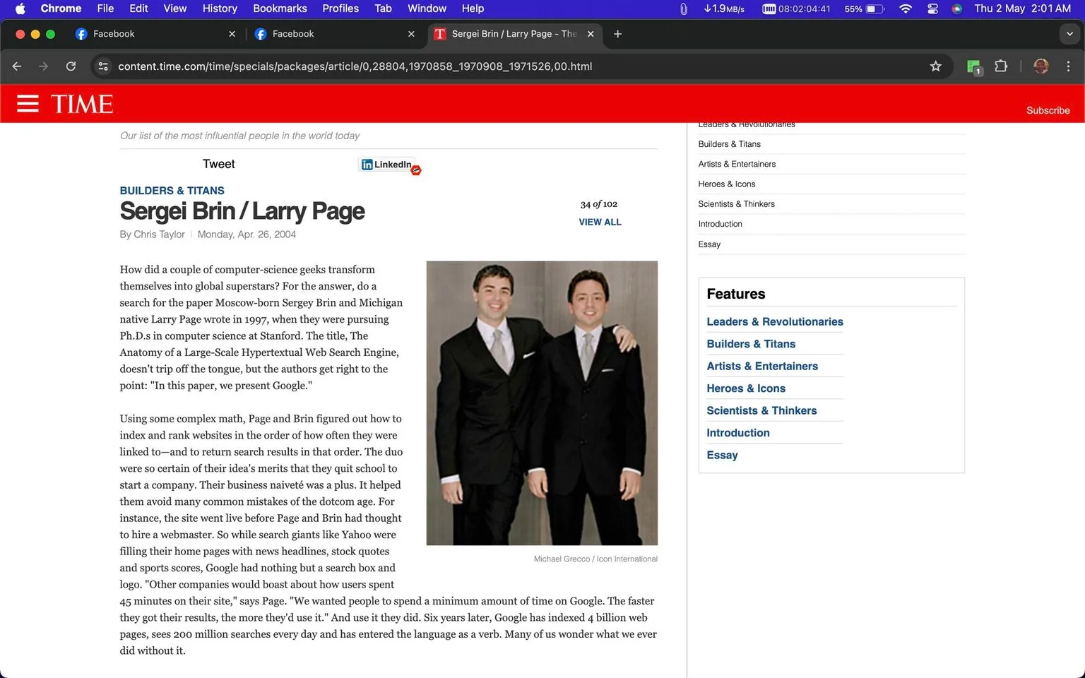 1) Rich description: The image is a screenshot from a TIME article titled "Sergei Brin / Larry Page" written by Chris Taylor and published on April 26, 2004. Featured prominently in the image are Larry Page and Sergey Brin, co-founders of Google, standing side by side in a formal portrait. Both are dressed in black suits with white shirts and silver ties, exuding a professional and celebratory demeanor. Sergey has his arm around Larry in a friendly gesture, suggesting camaraderie. The background is neutral, focusing attention on the two individuals. The article discusses their journey from computer science students at Stanford to becoming global superstars by founding Google. It highlights their innovative approach to web search technology, which resulted in Google's massive impact. The text next to the image elaborates on their early work and the rapid growth of Google, including its influence on daily language and internet use. The screenshot includes navigation elements from the TIME website, such as links to related topics and categories like "Leaders & Revolutionaries" and "Builders & Titans."
2) On-screen text block:
- Title: "Sergei Brin / Larry Page"
- Site / app: "content.time.com"