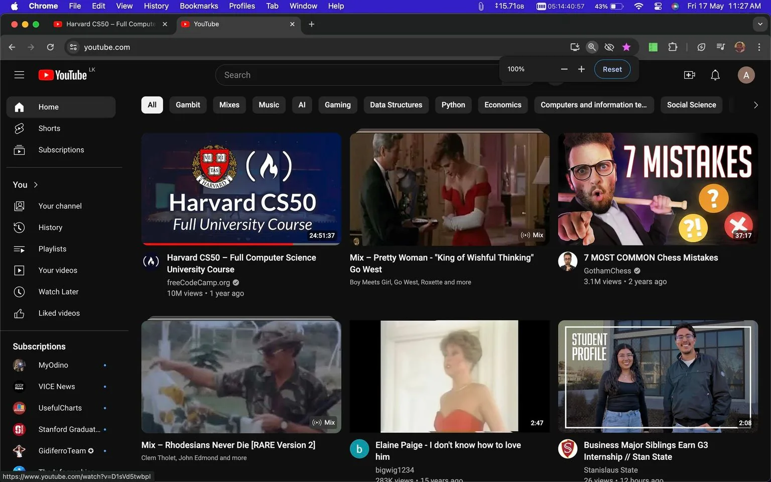 The screenshot displays the YouTube homepage viewed in a web browser on a desktop. The top video features the "Harvard CS50 – Full Computer Science University Course" by freeCodeCamp.org, showcasing an educational content thumbnail with the Harvard logo prominently displayed. Next to it, a video titled "Mix – Pretty Woman – 'King of Wishful Thinking'" displays a scene from the movie "Pretty Woman." Another video titled "7 MOST COMMON Chess Mistakes" by GothamChess features a close-up of a person pointing with text overlay highlighting common chess errors. Below, a video titled "Mix – Rhodesians Never Die [RARE Version 2]" shows a historical image, and another titled "Elaine Paige - I don't know how to love him" features a woman in a red dress singing. The interface includes a dark mode theme with a sidebar listing YouTube features like Home, Shorts, and Subscriptions. The user's subscriptions, such as VICE News and Stanford Graduate School of Business, are visible on the left. The top bar features typical browser elements like tabs, bookmarks, and navigation controls.
- Title: "Harvard CS50 – Full Computer Science University Course"
- Channel / profile: "freeCodeCamp.org"
- Site / app: "YouTube"