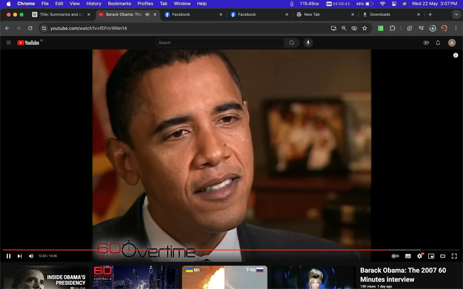 In this screenshot from a YouTube video, Barack Obama is featured in a close-up interview setting. The video is titled "Barack Obama: The 2007 60 Minutes interview," indicating the context of the interview. The image shows Obama indoors, dressed in a dark suit and white shirt, conveying a formal appearance. His expression appears thoughtful and engaged as he looks slightly off-camera, likely interacting with the interviewer. The background is blurred, but it includes a framed photograph and the American flag, adding a formal and patriotic ambiance to the scene. The "60 Minutes Overtime" logo is visible at the bottom of the screen, identifying the segment as part of the well-known news program "60 Minutes." The YouTube interface surrounds the video frame, with additional suggested videos visible below. The lighting is warm and professional, typical of a televised interview setting. The overall mood is serious yet approachable, reflecting the tone of a political discussion.
- Title: "Barack Obama: The 2007 60 Minutes interview"
- Site / app: "YouTube"
- Key OCR Lines: "60 Minutes Overtime"
